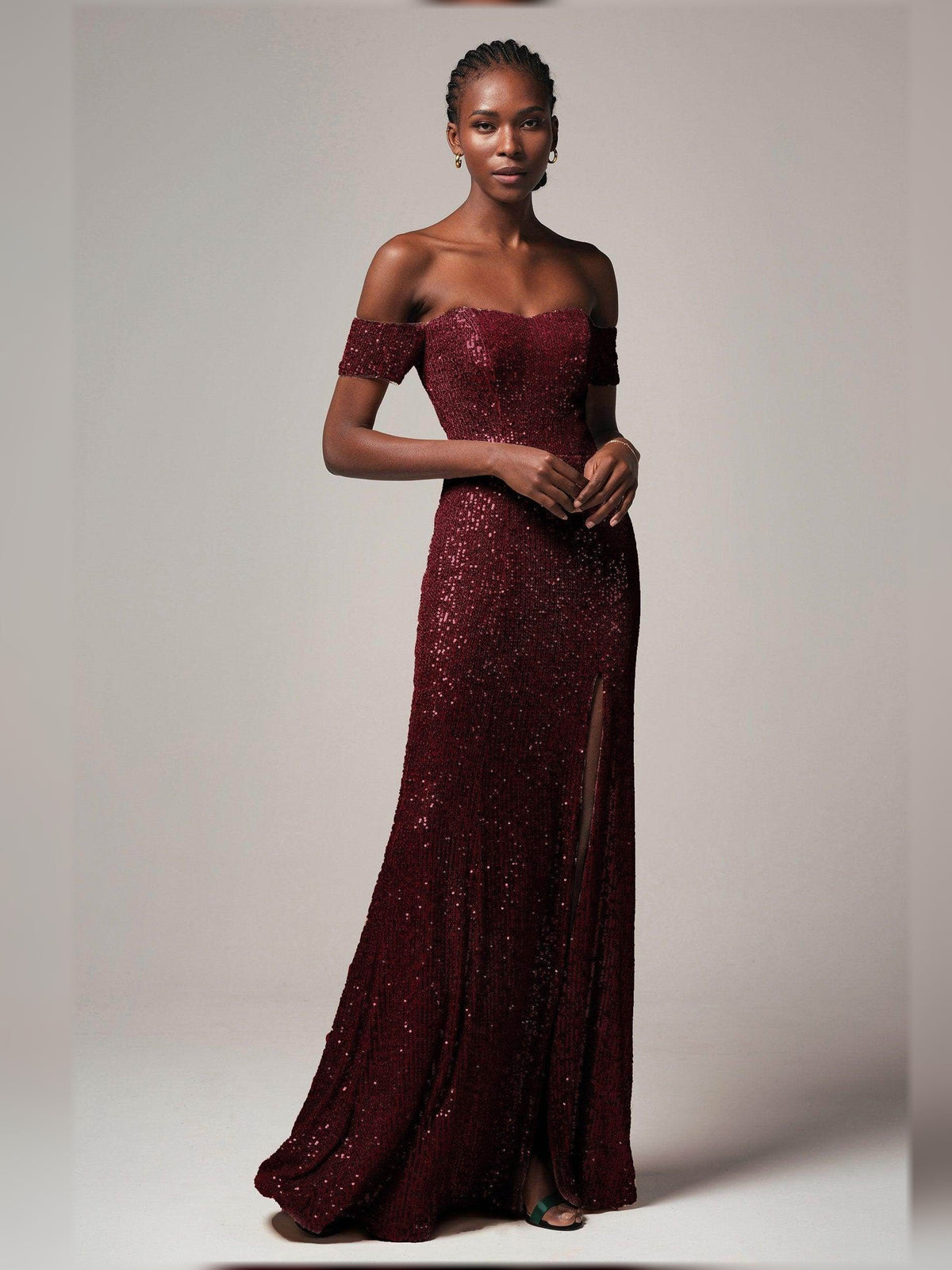 Burgundy off-the-shoulder corset glitter sequin floor-length formal dress with slit