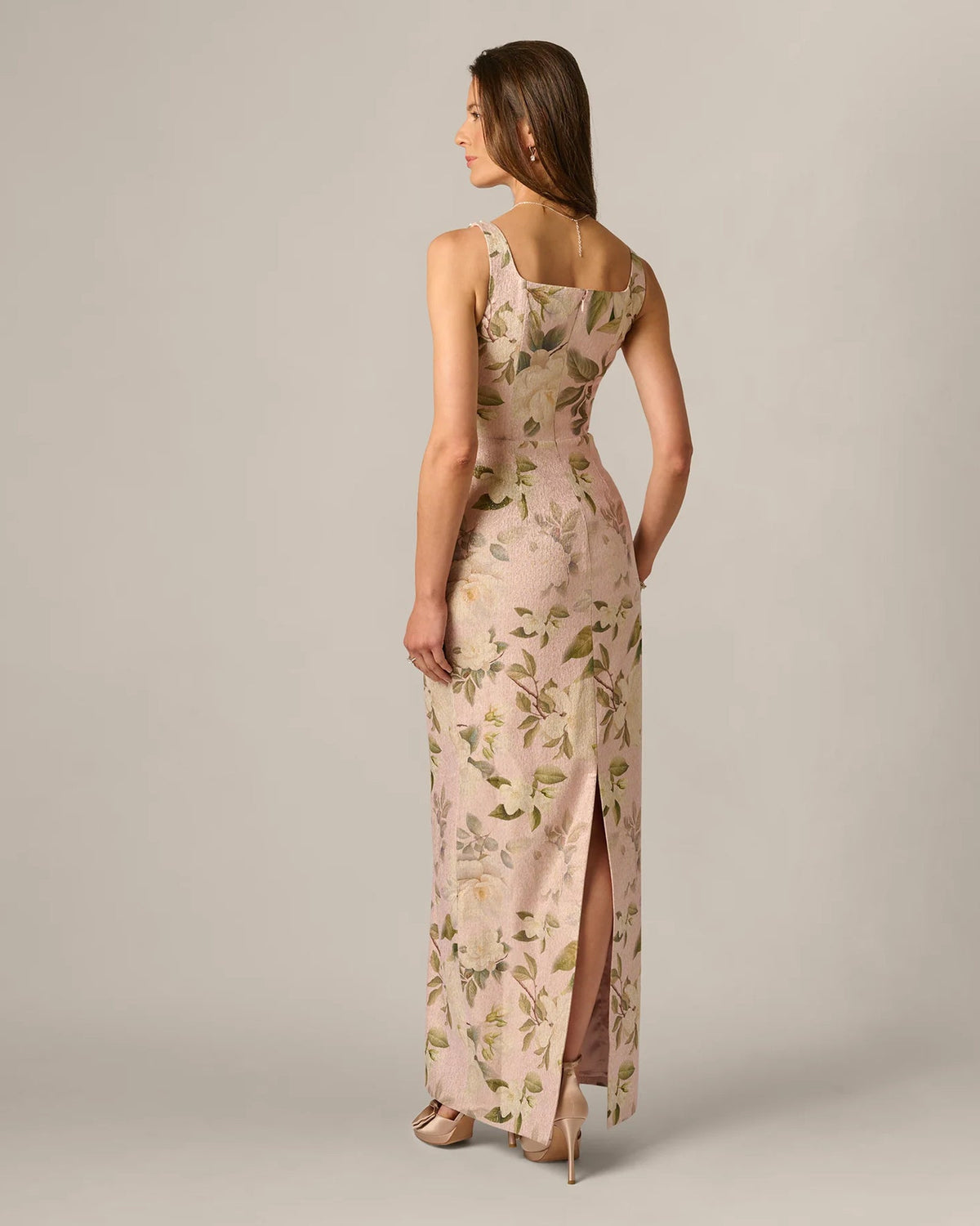 Blush floral print maxi dress, open back and side slit with heels
