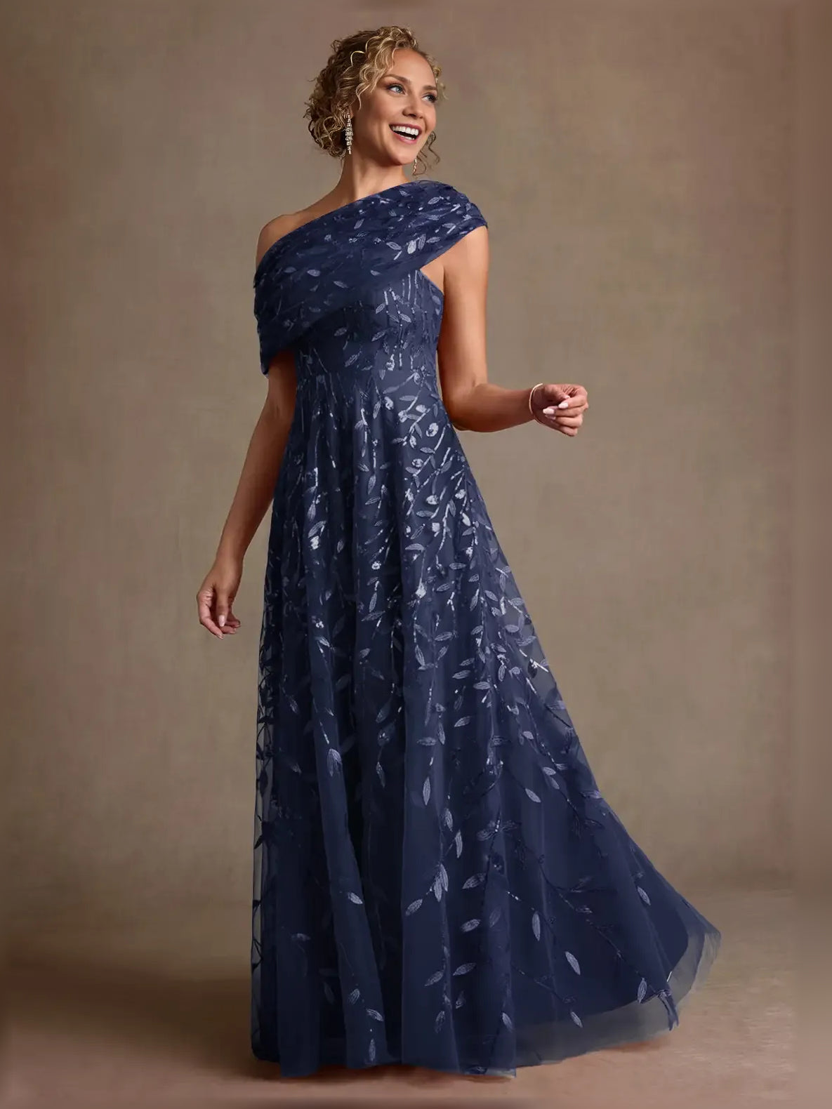 Navy blue off-shoulder draped tulle A-line dress with leaf embroidery, front view