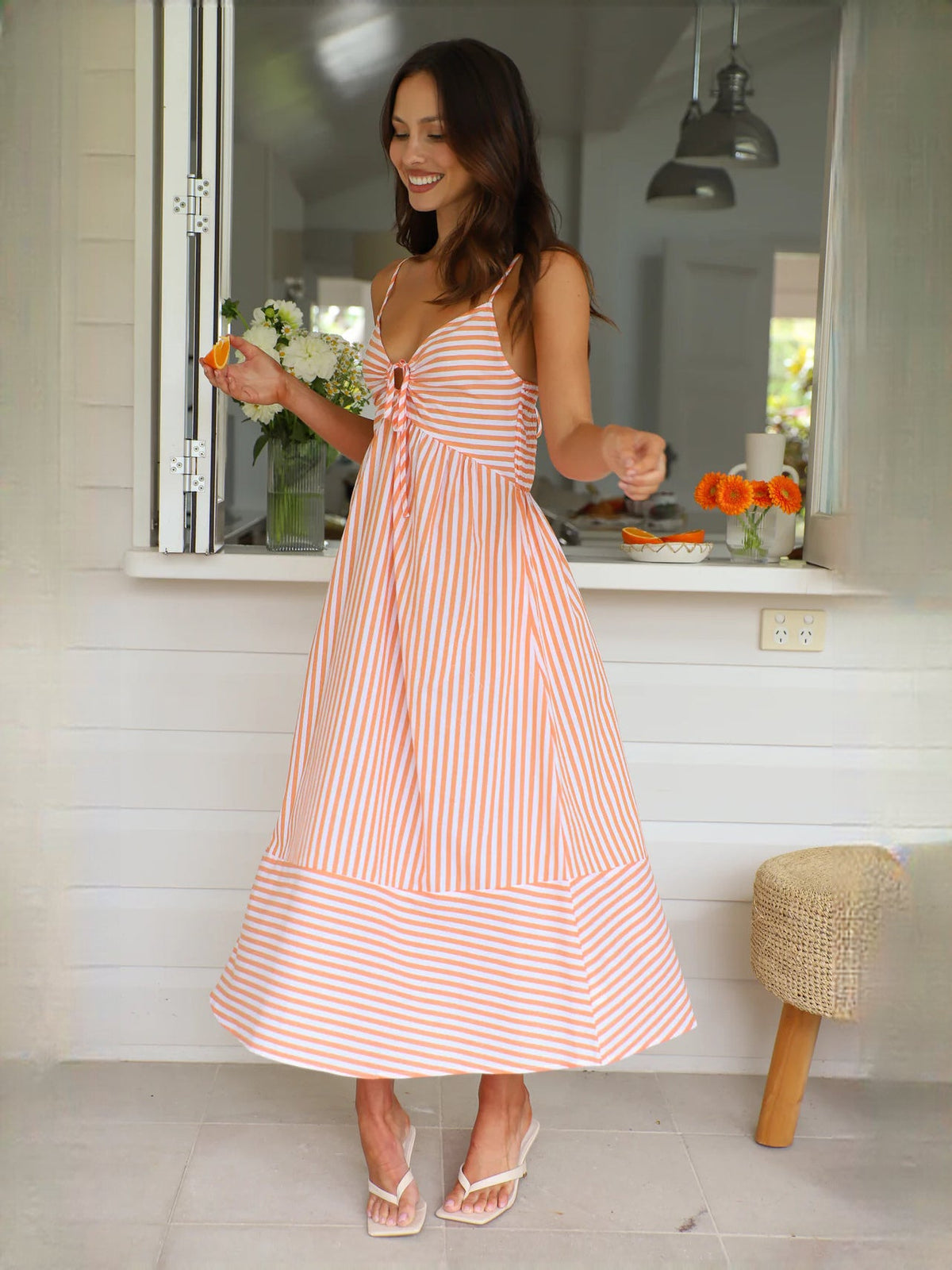 Light Blue White Stripe a-line maxi formal dress with ruching, alternate full-length view showing the hem