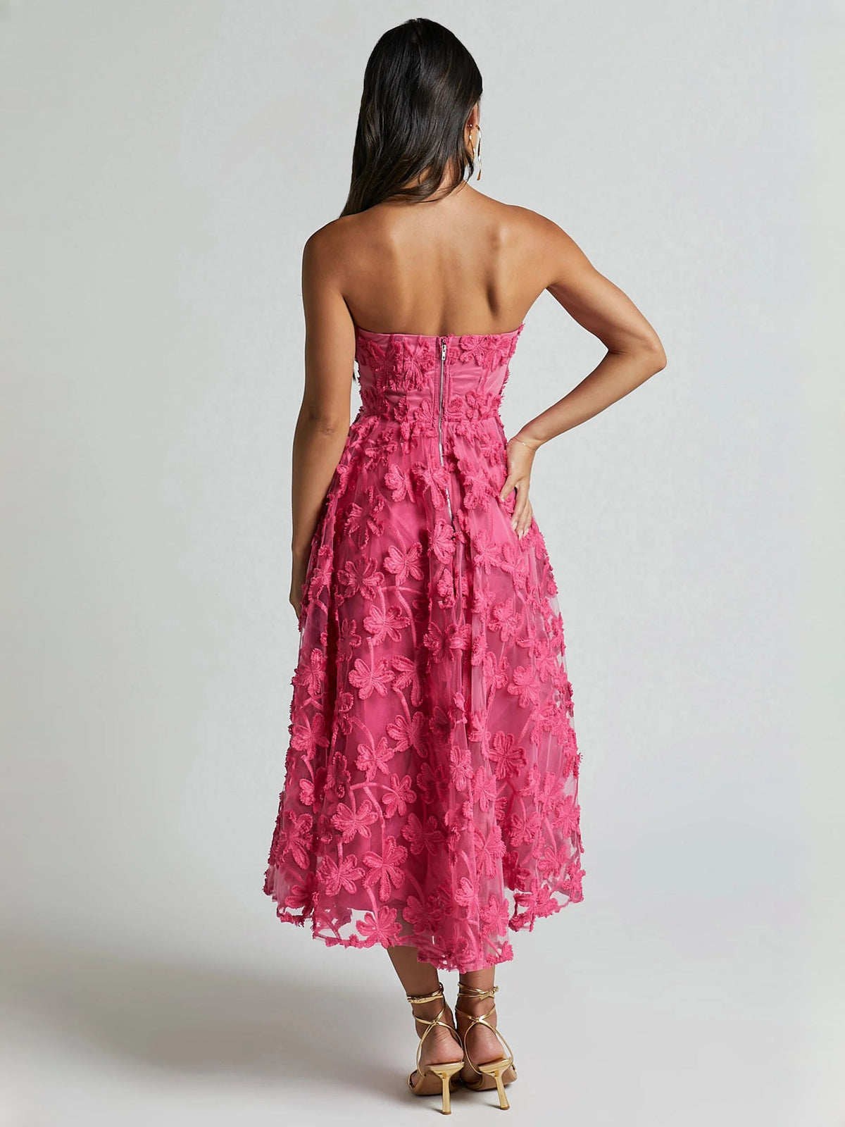 Pink midi formal dress with embroidery, alternate view showing the hem