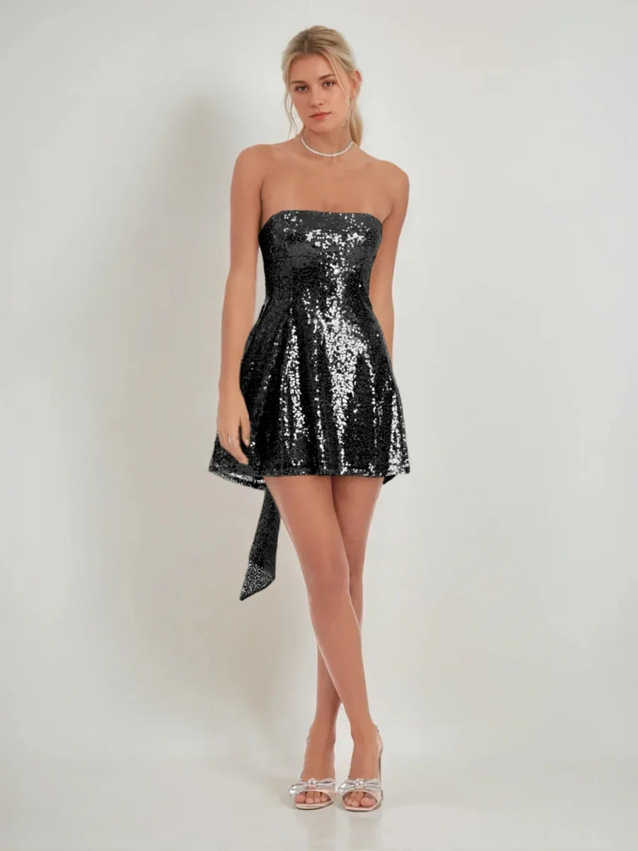 Black sequin strapless mini A-line dress with bow sash at side