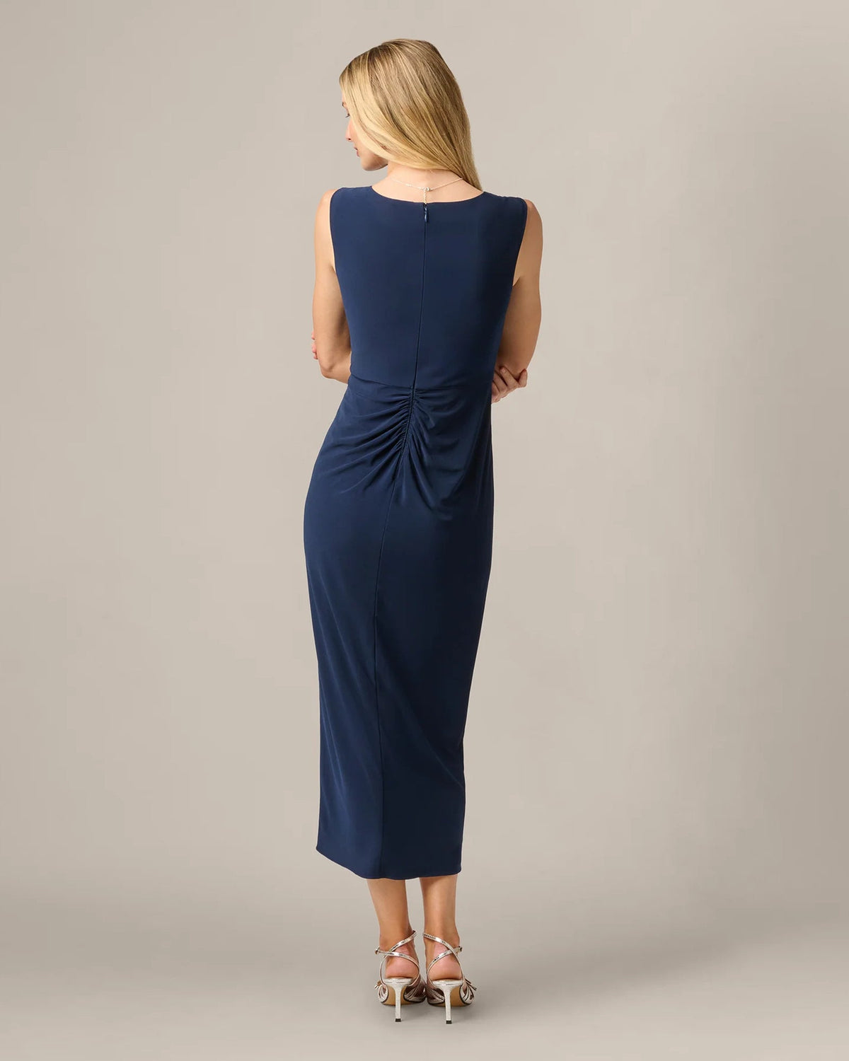 Midnight blue sleeveless maxi dress, back view, ruched waist