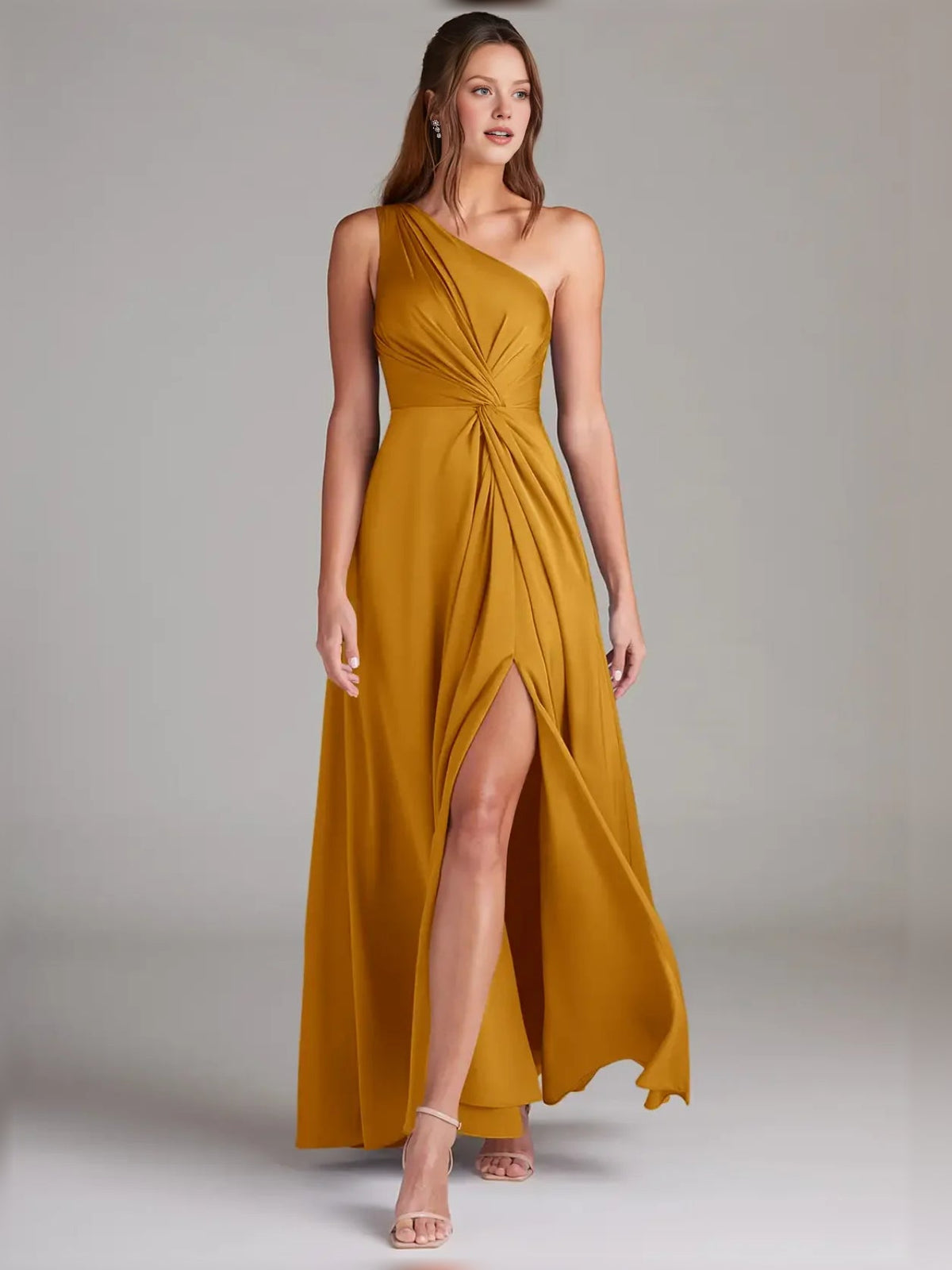 Gold one-shoulder formal A-line dress with twisted waist knot and front slit