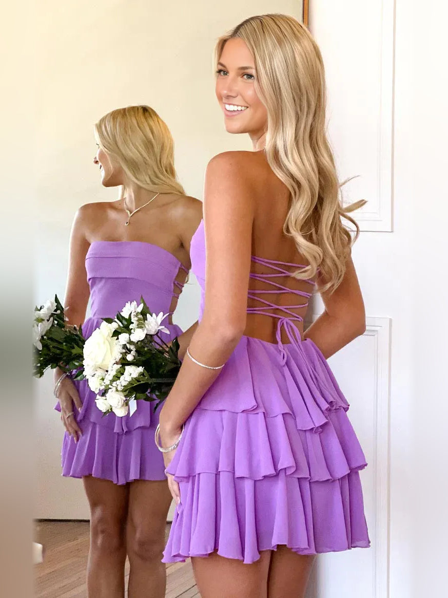 Purple strapless tiered mini chiffon dress with lace-up back