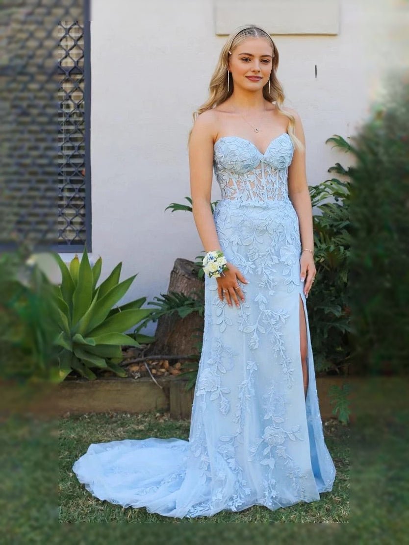 Light blue corset-style prom dress with sweetheart neckline, floral lace, and slit