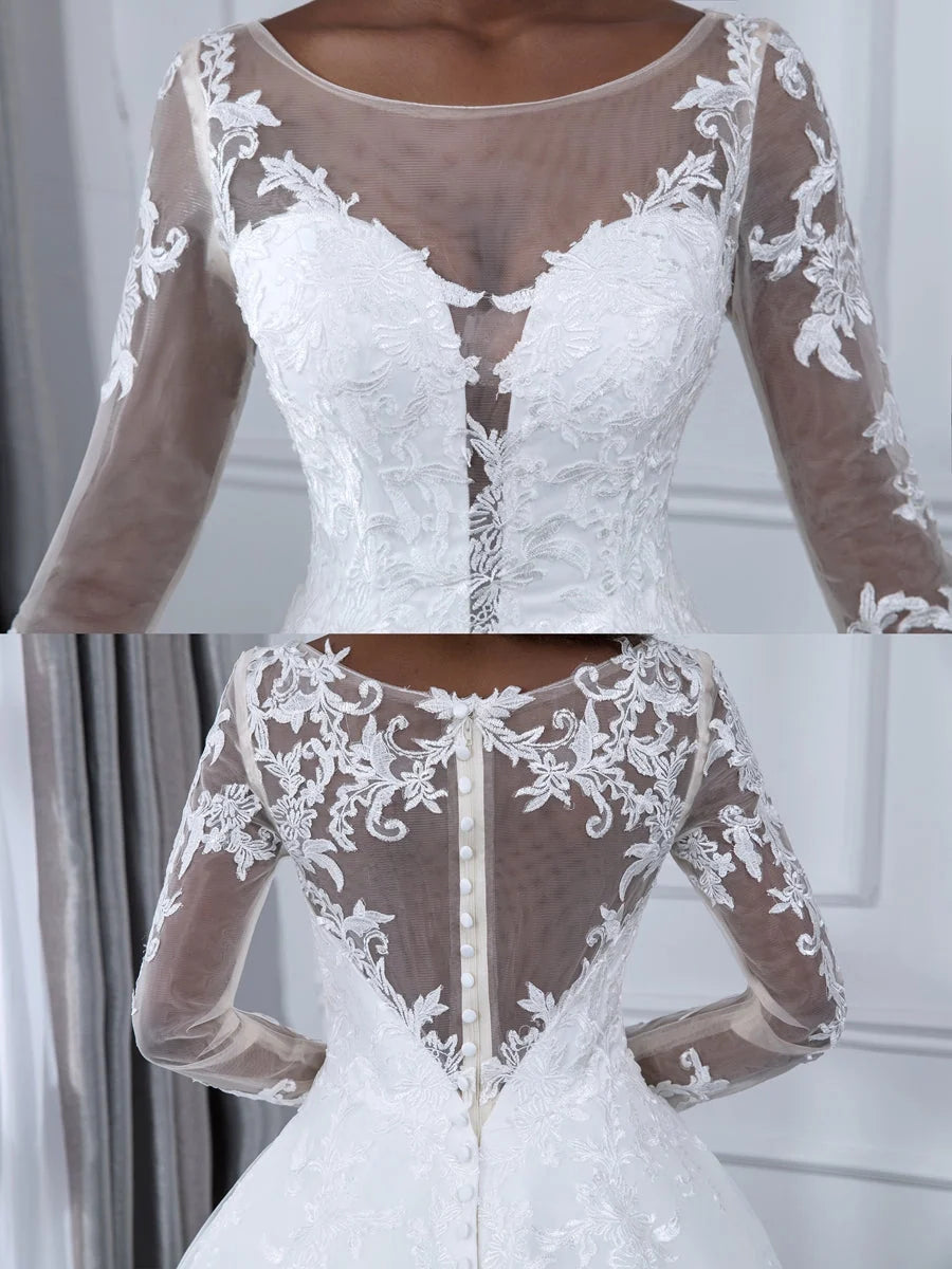 Ivory illusion lace wedding dress bodice with floral appliques and sheer long sleeves