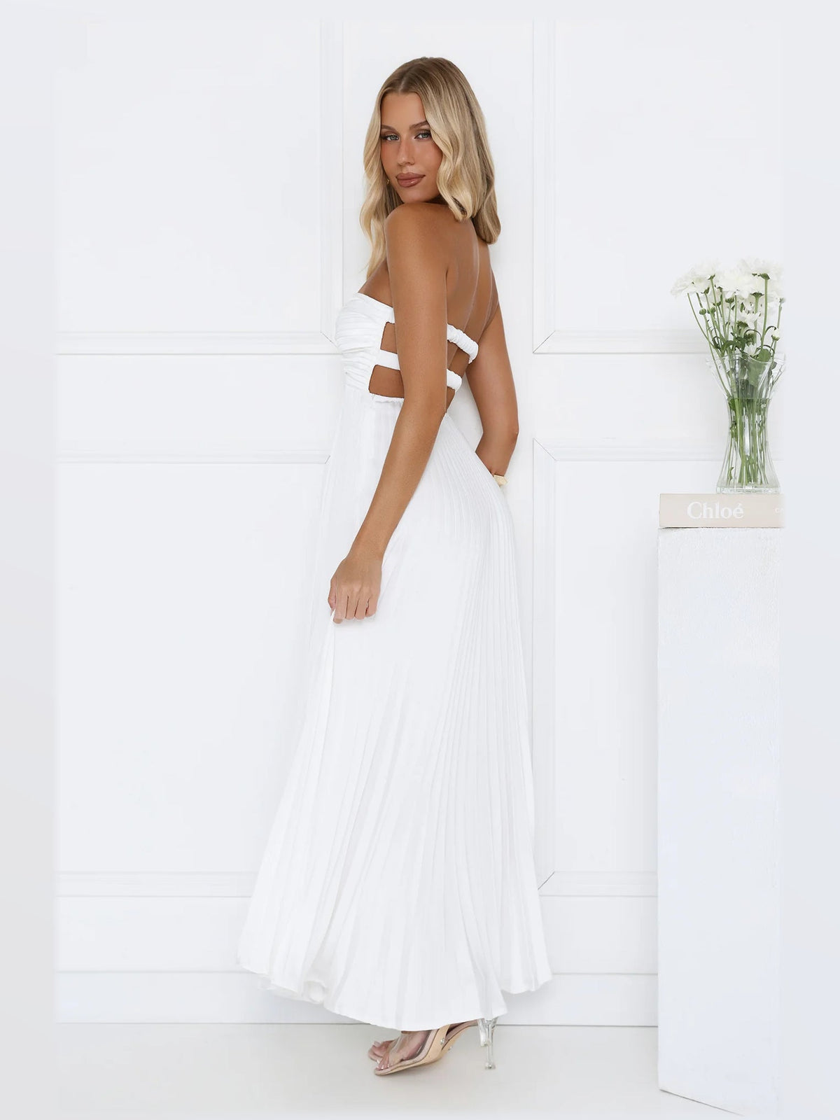 White maxi formal dress, alternate full-length view showing the overall shape