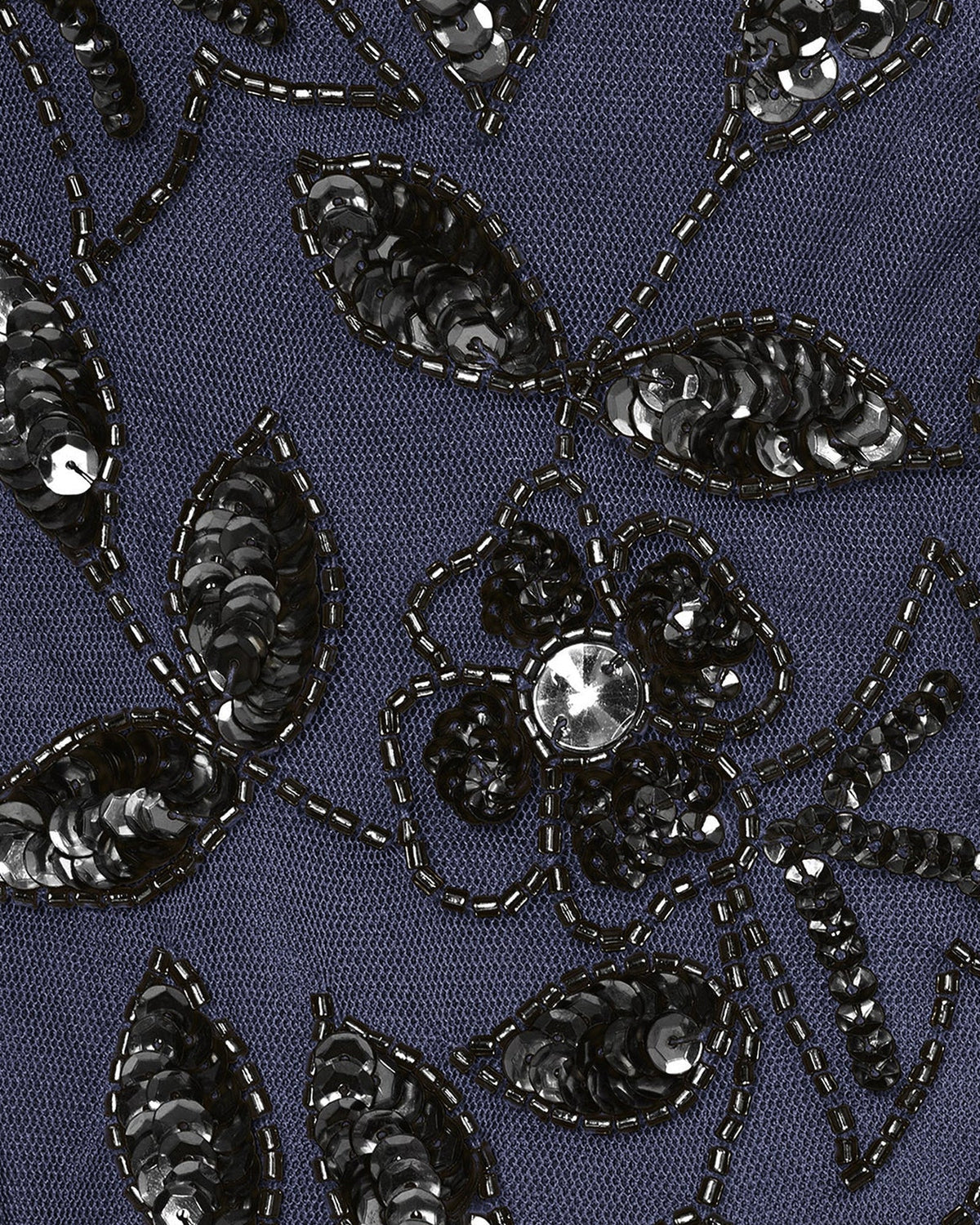 Dusty periwinkle fabric with black and silver bead floral motifs and sequin accents