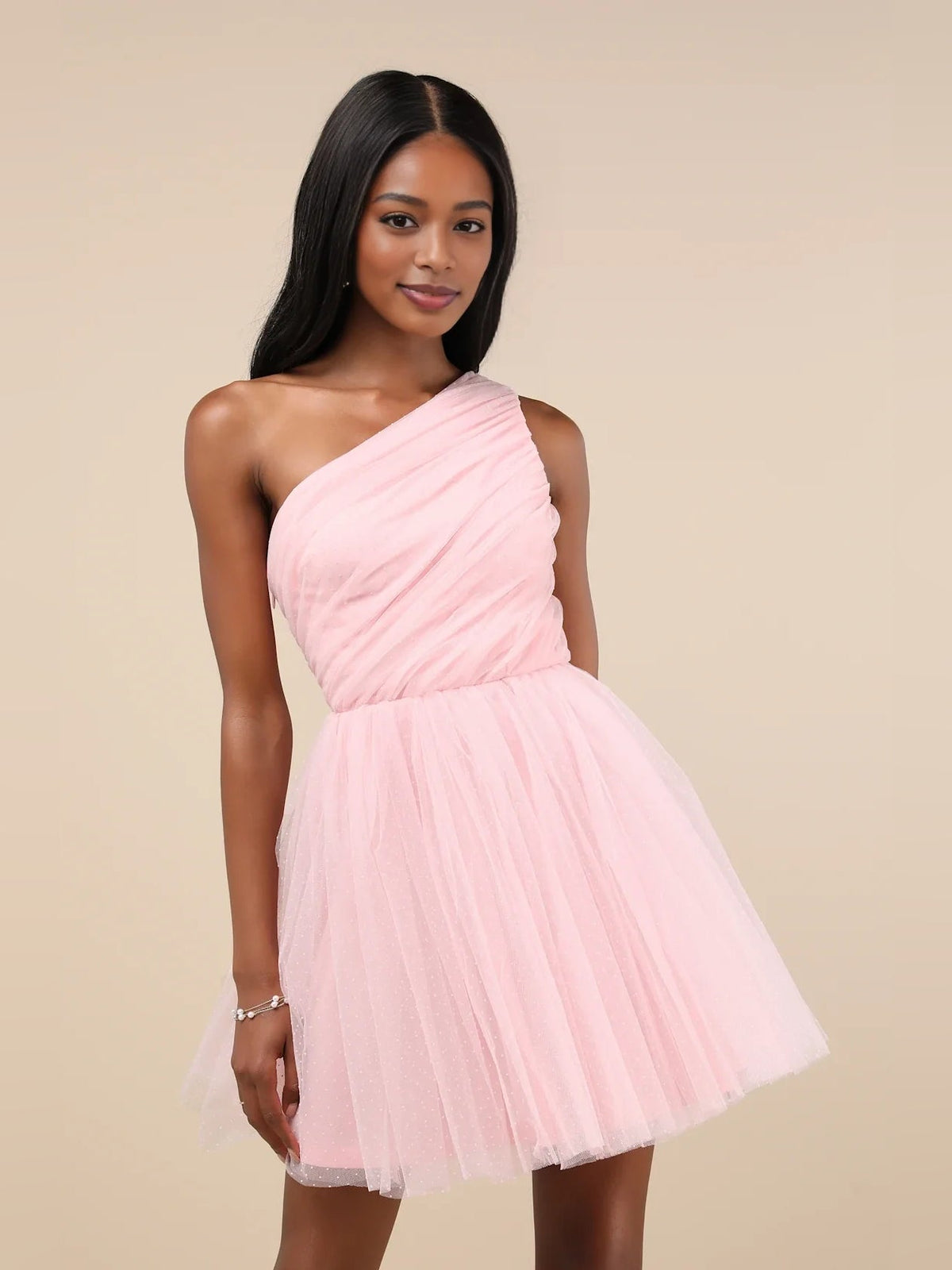 Blush pink ruched draped V-neck mini A-line satin dress, sleeveless pleated tulle