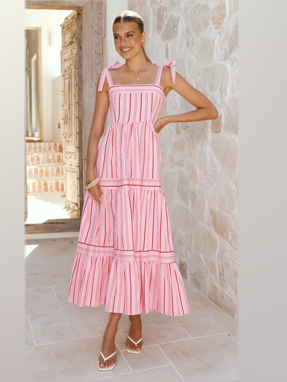 Pink midi formal dress, alternate full-length view showing the overall shape