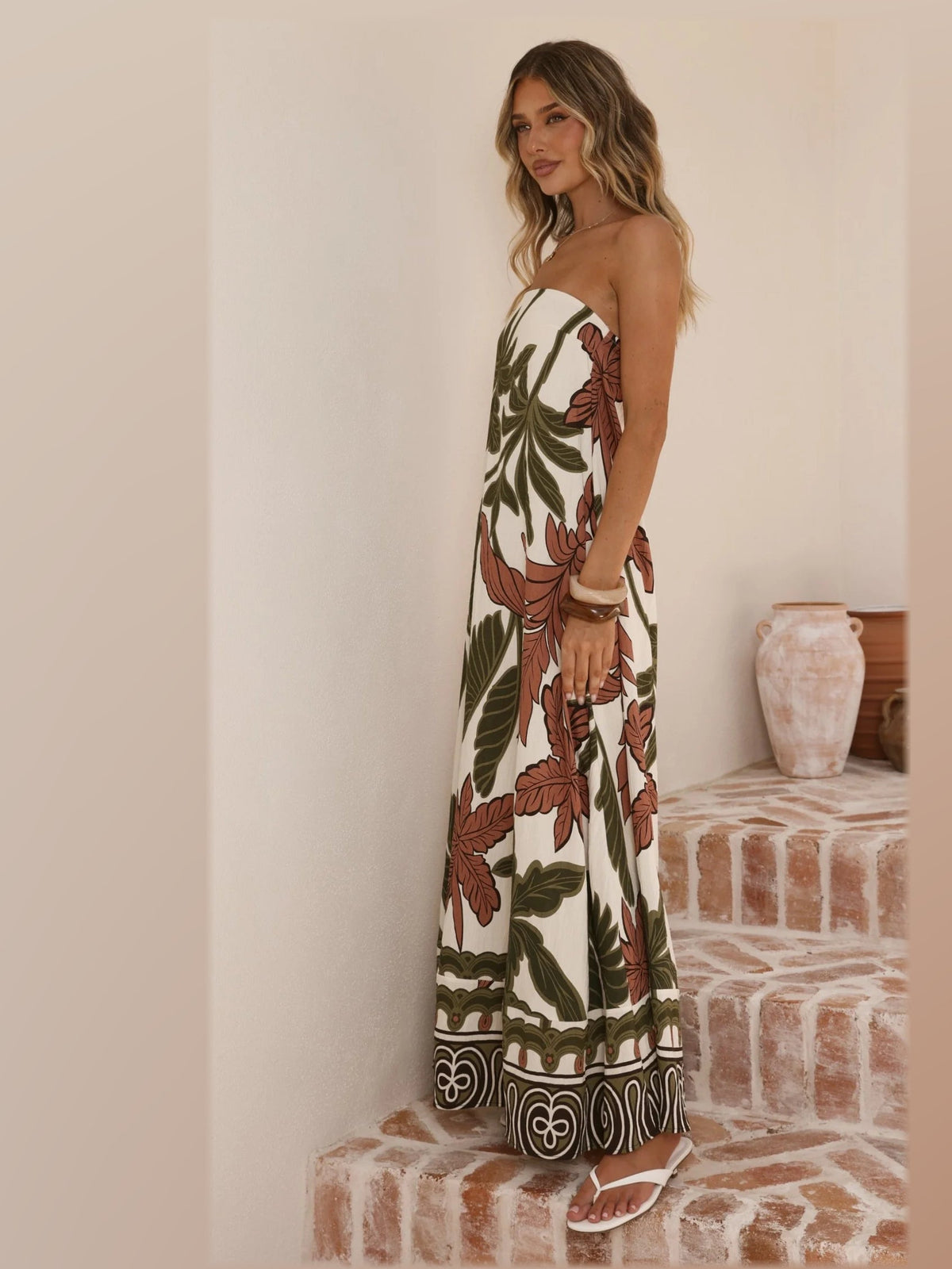 Beige maxi formal dress, alternate full-length view showing the overall shape