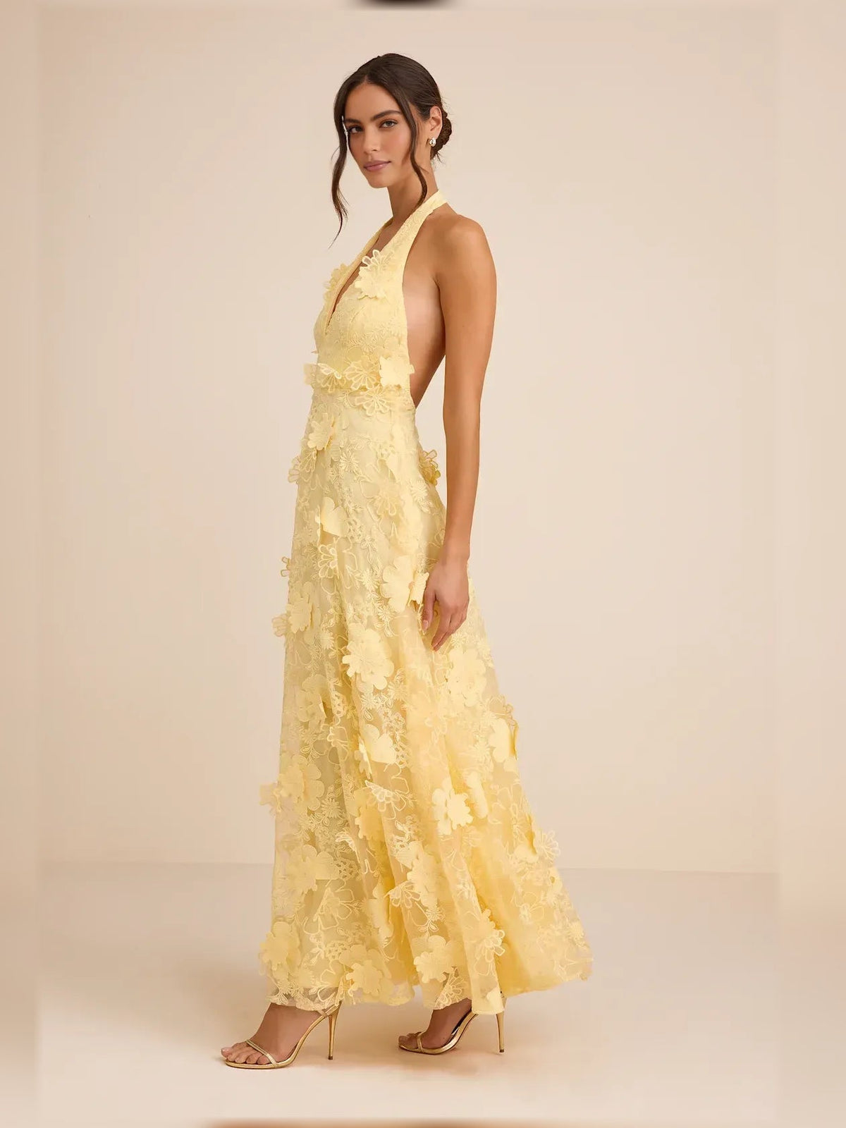 Yellow halter neck maxi formal dress with tiered floral lace and scalloped hem