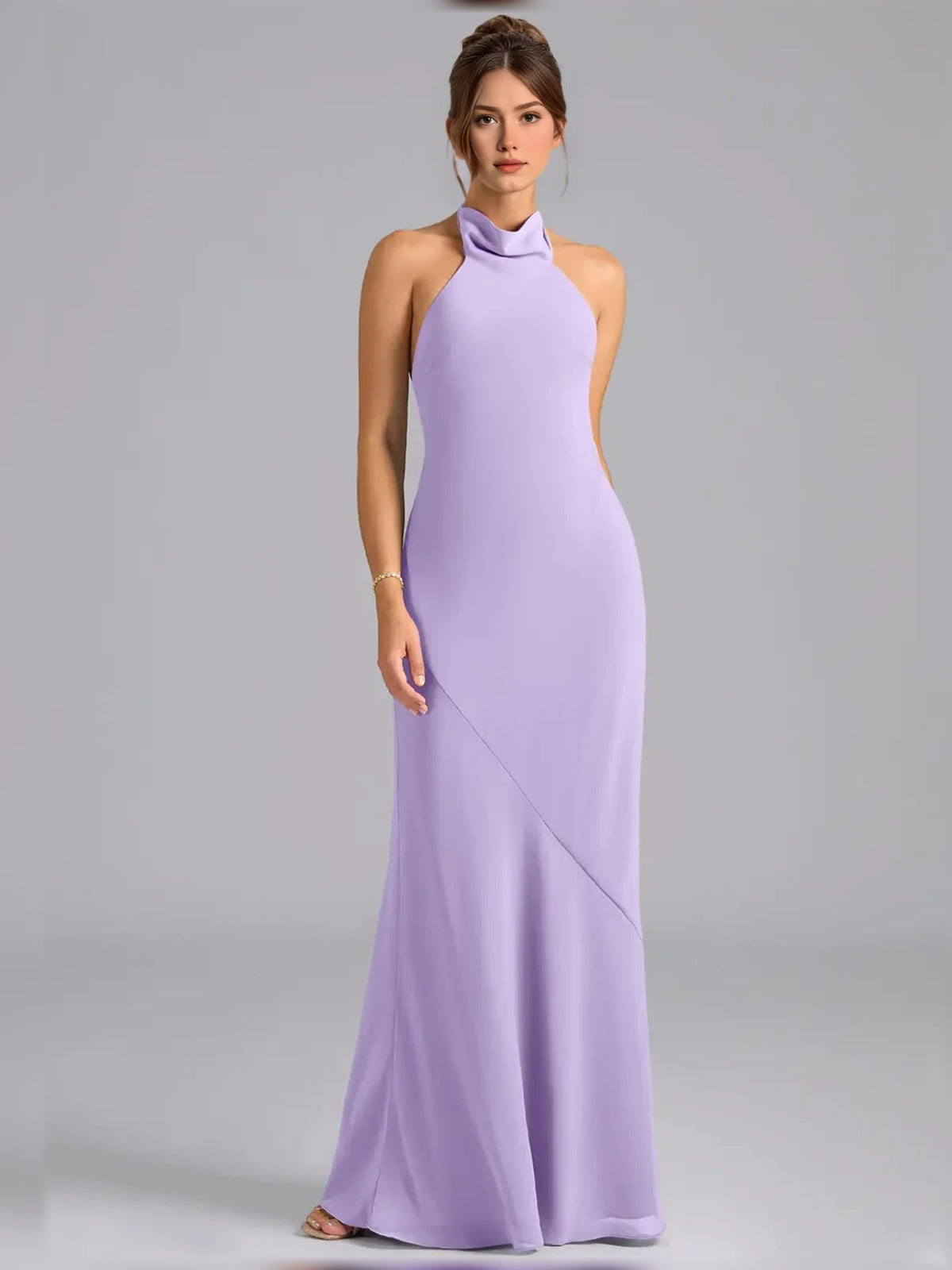 High-neck chiffon sheath maxi dress, lavender, sleeveless halter, diagonal slit detail.