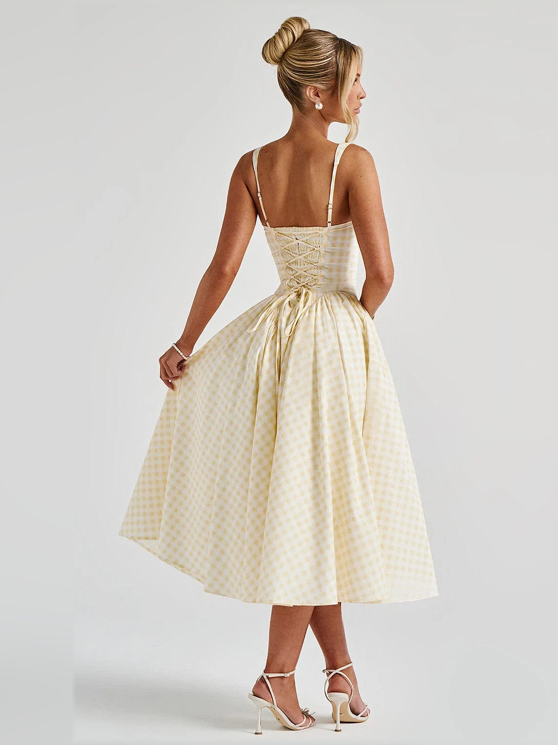 Lemon gingham midi formal dress with lace-up corset back, thin straps, and gathered flared skirt