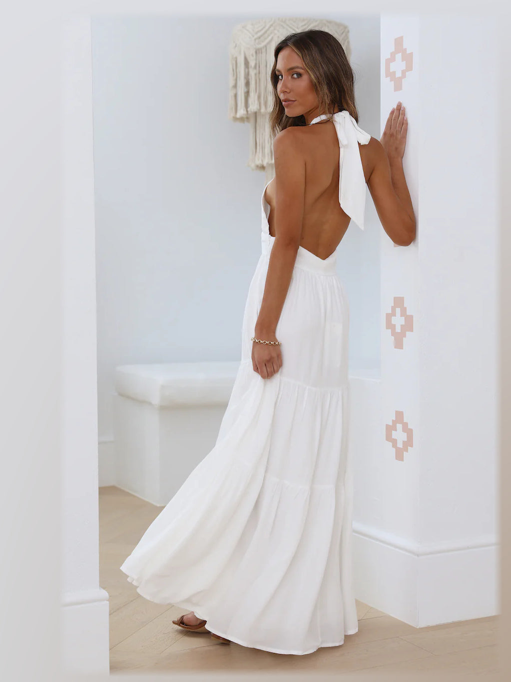 White maxi formal dress, alternate full-length view showing the overall shape
