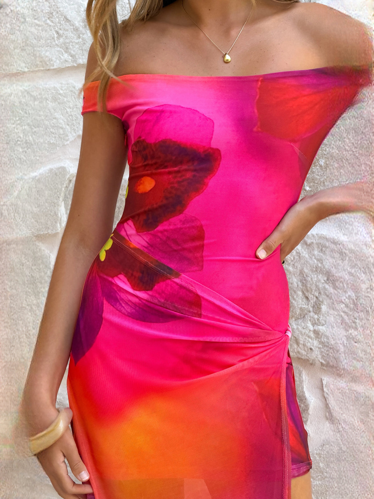 Pink Floral sheath maxi formal dress with skirt slit, alternate view showing the hem