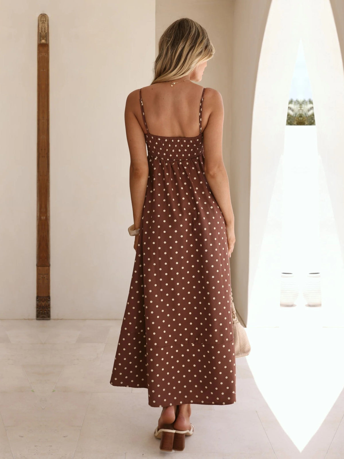Chocolate Cream Polka Dot a-line maxi formal dress with printed pattern, alternate view showing the hem
