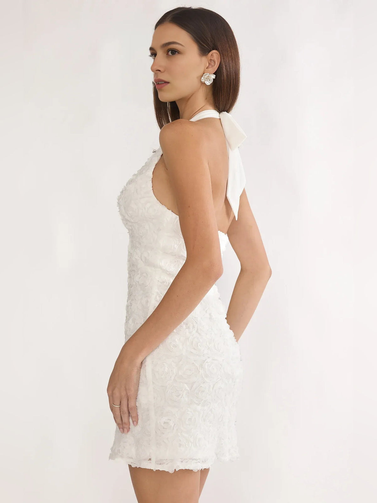 White floral applique V-neck bodycon mini dress, open back with tie straps