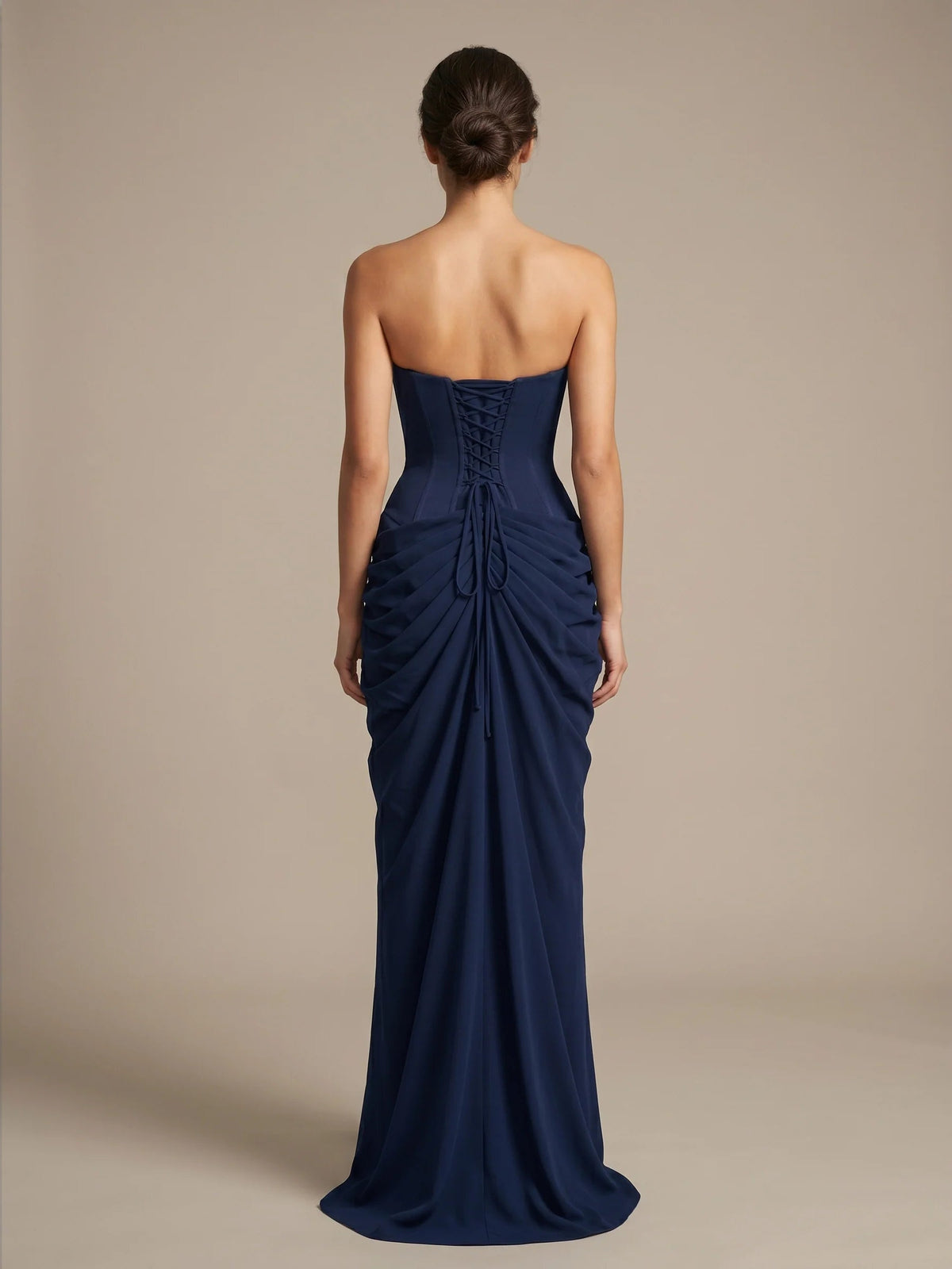 Navy strapless mermaid maxi chiffon dress with ruched bodice and drawstring ruching