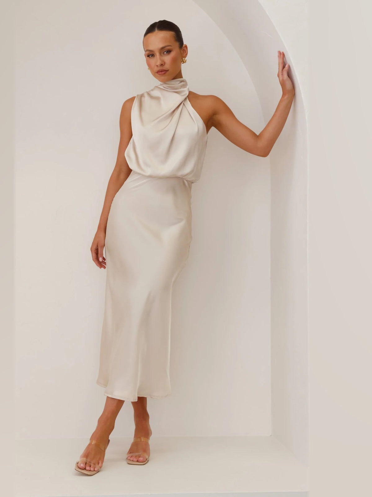 Champagne midi formal dress, alternate full-length view showing the overall shape