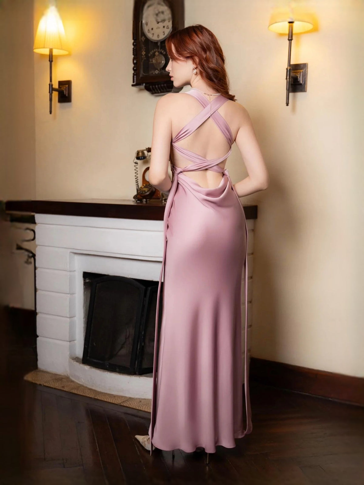 Lavender satin maxi dress with cowl neckline and crisscross open back straps