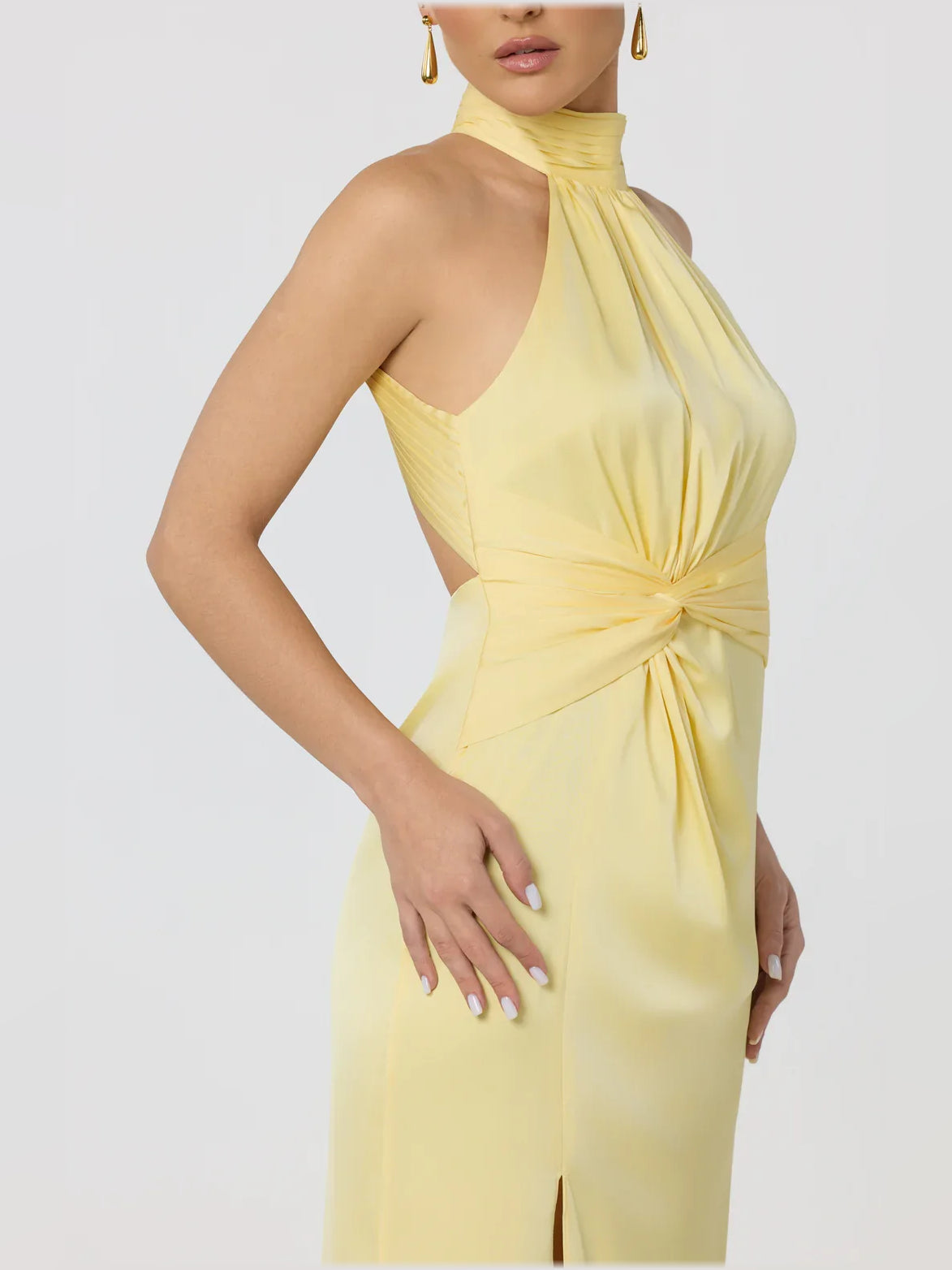 Lemon halter neck fitted dress with draped front and side slit
