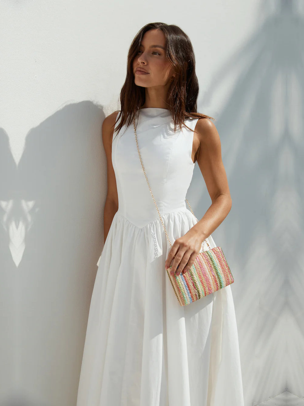 White a-line maxi formal dress with square neckline, alternate view showing the hem