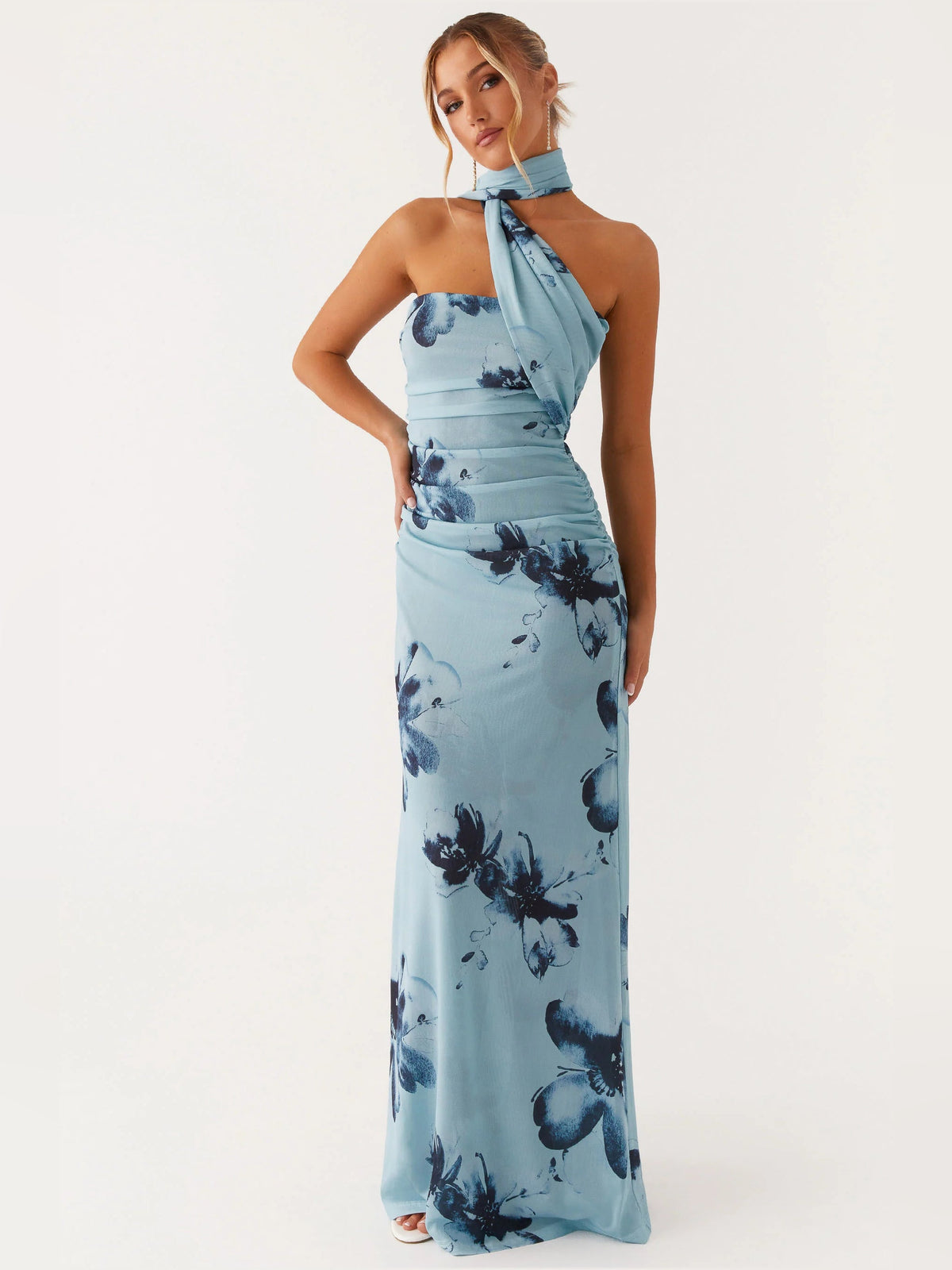 Blue Black Floral sheath maxi formal dress with floral print, alternate full-length view showing the hem