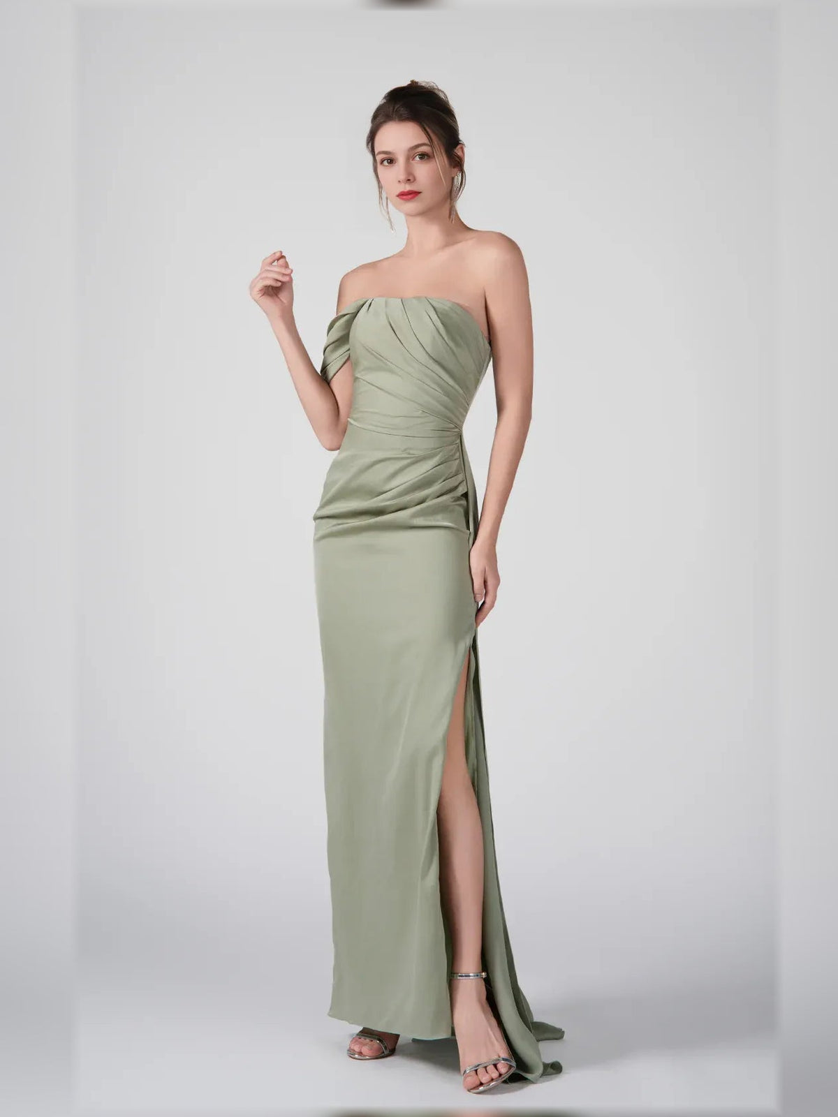 Dusty sage off-shoulder maxi dress with ruched bodice and high side slit