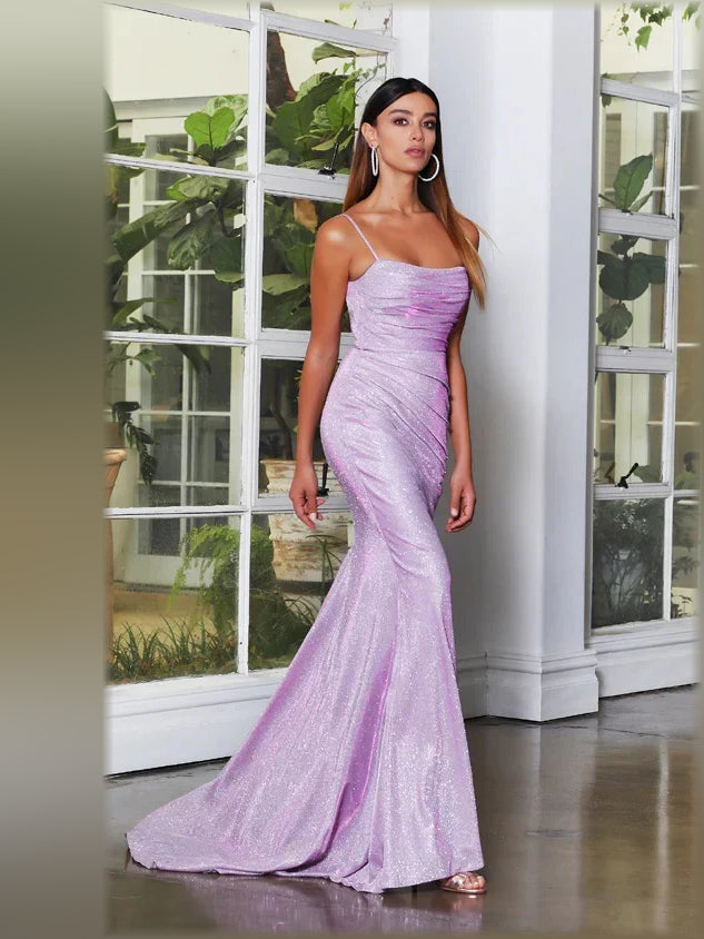 Lilac glitter spaghetti-strap mermaid formal dress with ruched bodice and train