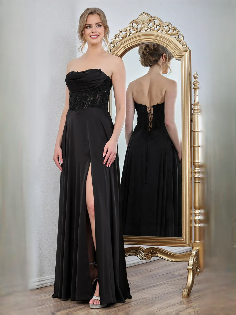 Black strapless corset prom dress with beaded bodice and thigh-high slit, two views