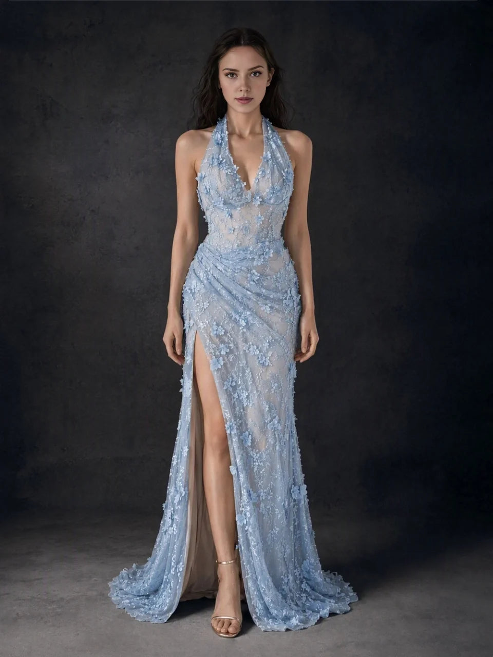 Light blue floral halter-neck formal dress with ruching, embellished bodice, front slit
