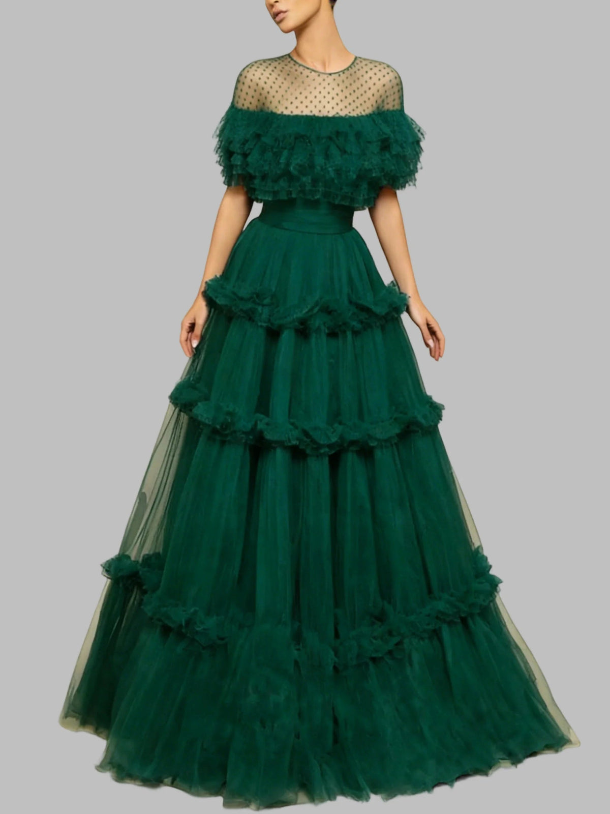 Dark green tulle A-line prom dress with off-shoulder feathered ruffles and tiered skirt