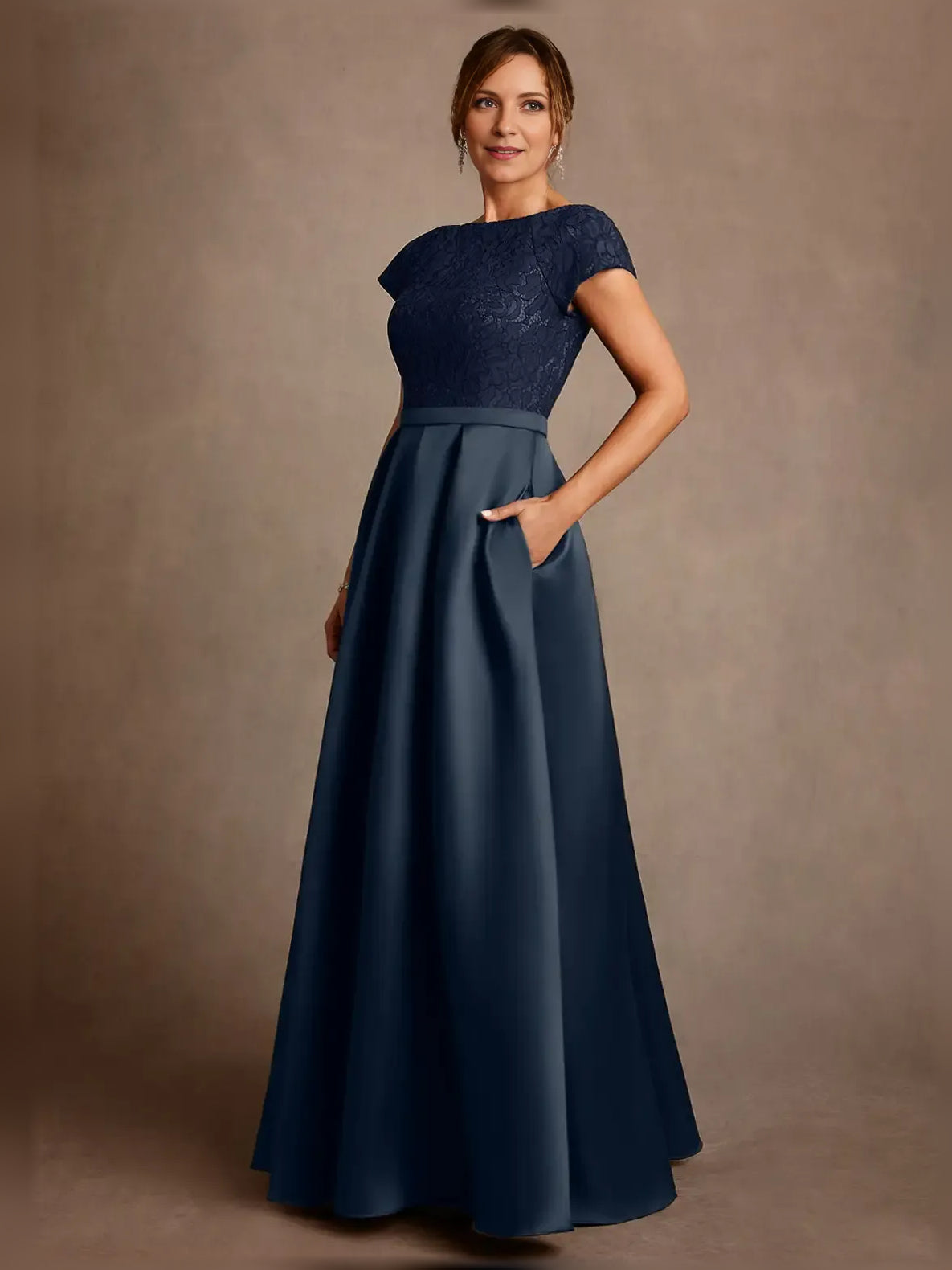 Navy lace boat-neck A-line satin mother-of-the-bride dress, front three-quarter view