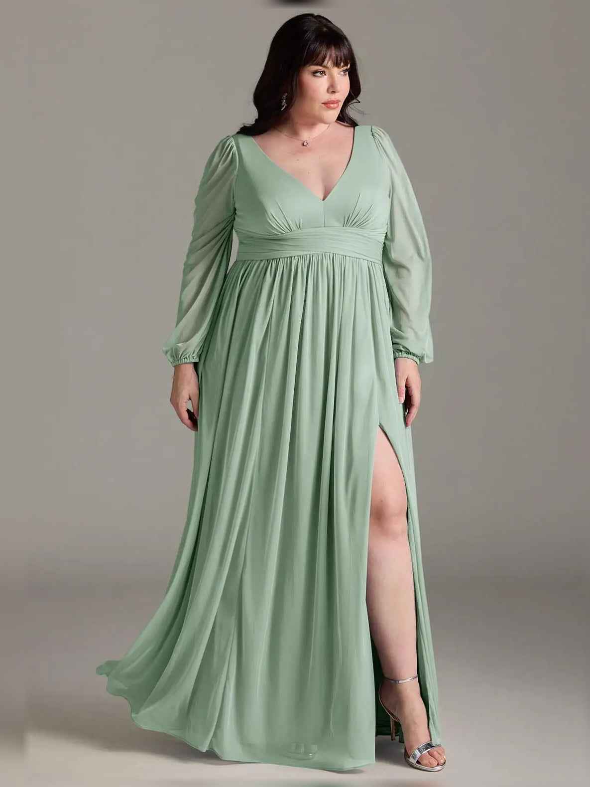 Dusty sage chiffon bridesmaid dress side view, V-neck with ruched waist and high slit.