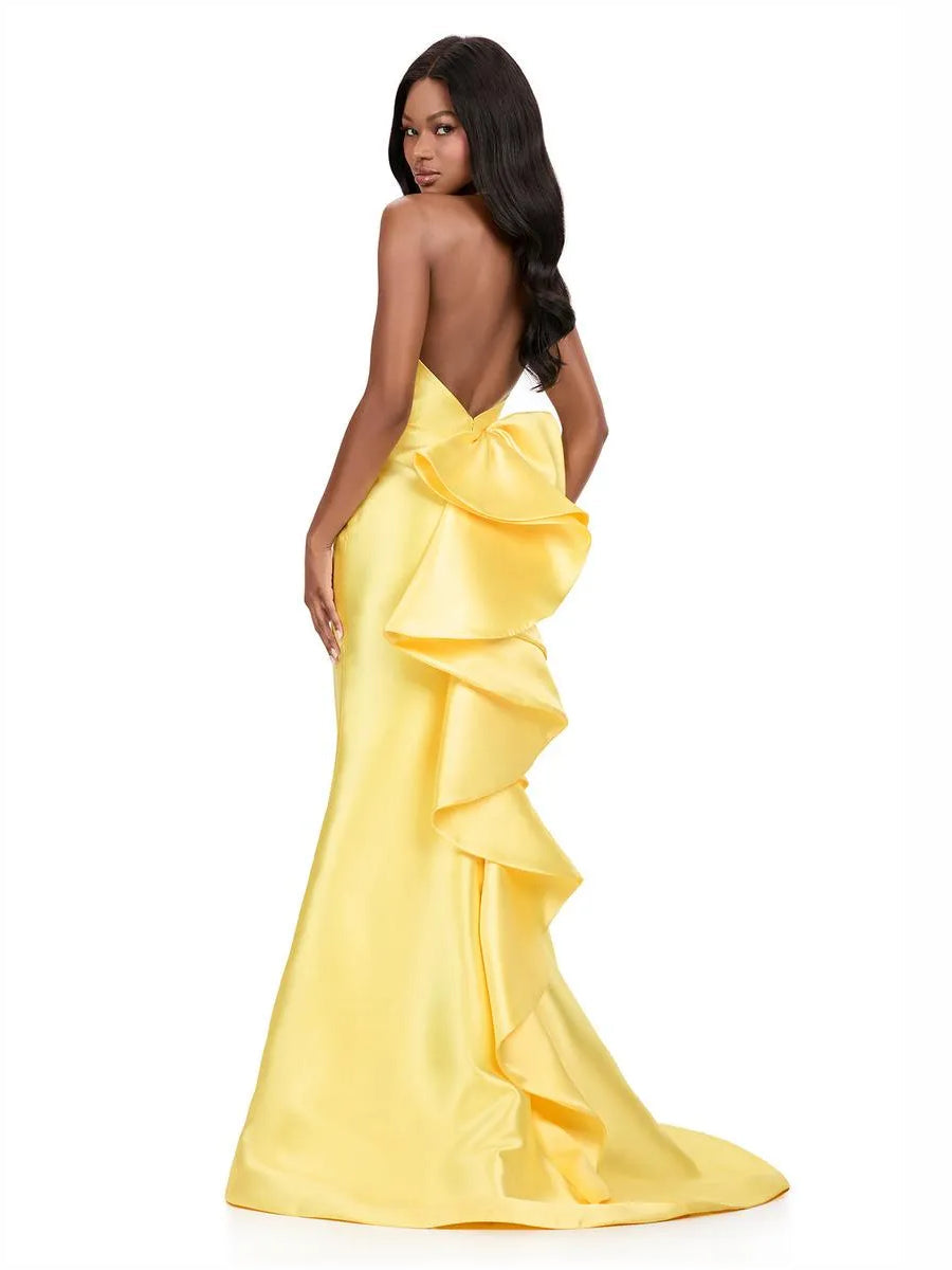 Yellow satin halter corset ruffle floor-length gown with layered back detail