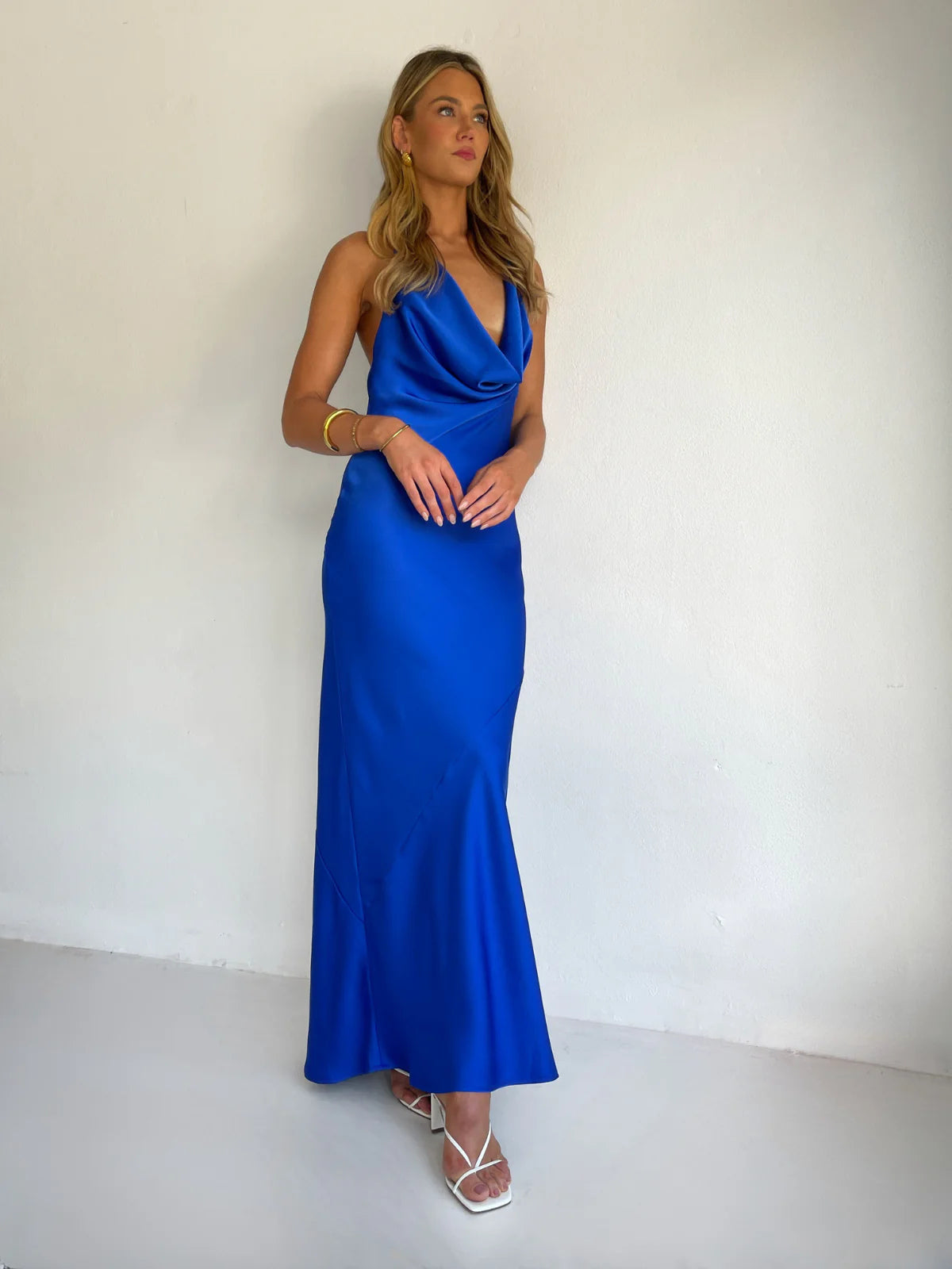 Cobalt sheath maxi formal dress with ruching, alternate full-length view showing the hem