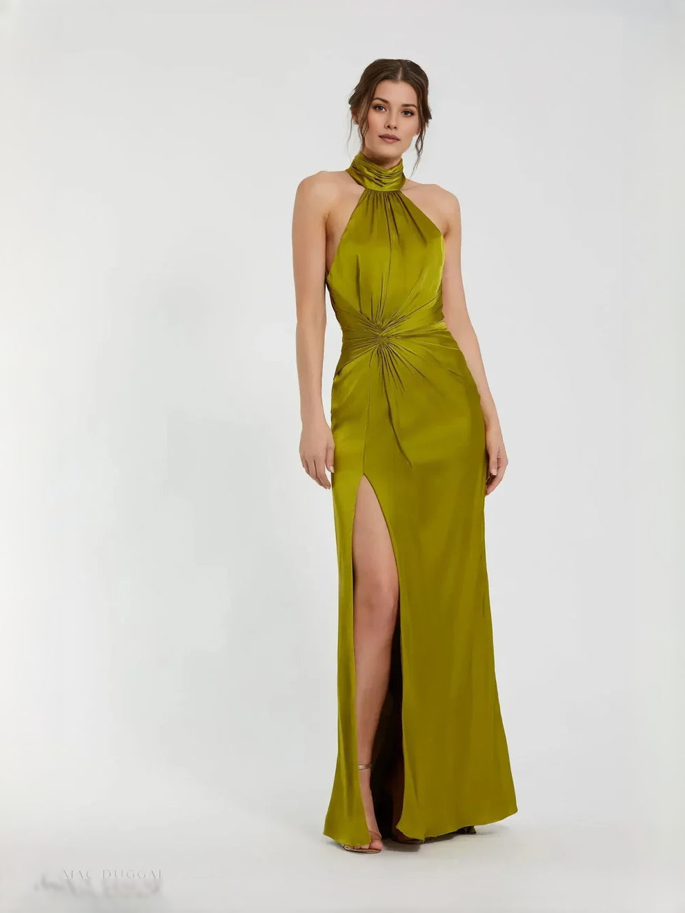 Bright green satin halter sheath prom dress with ruched waist and side slit, floor length