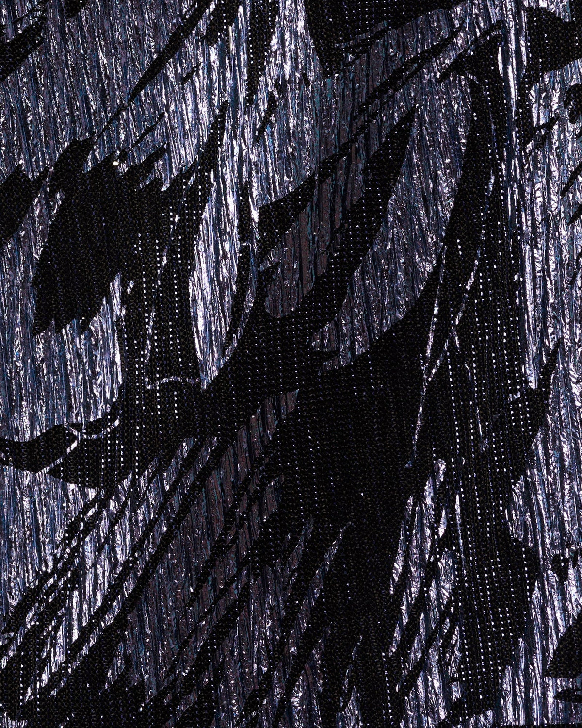 Navy and silver-tone textured abstract print fabric close-up