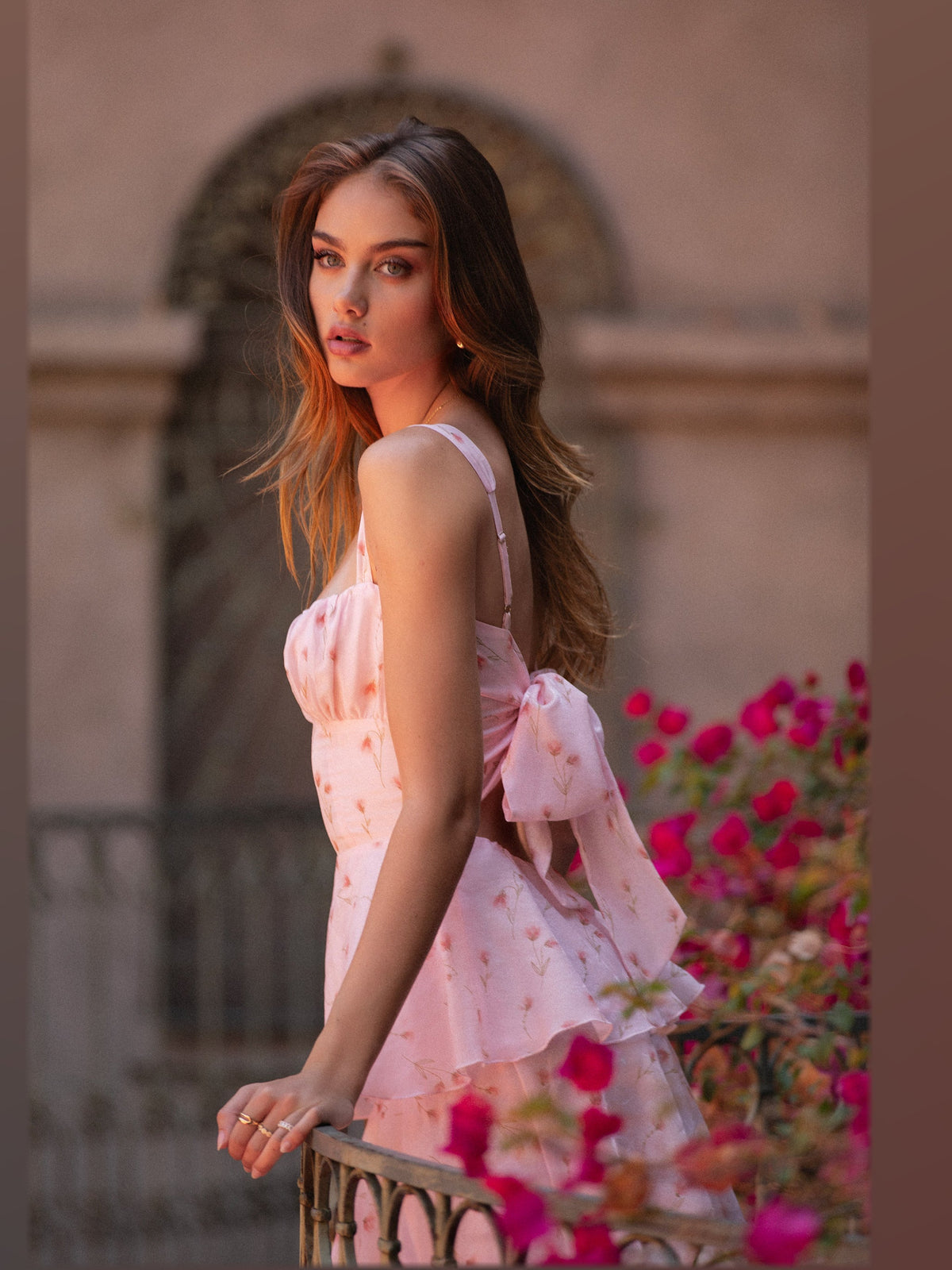 Pink bridesmaid dress with maxi formal style