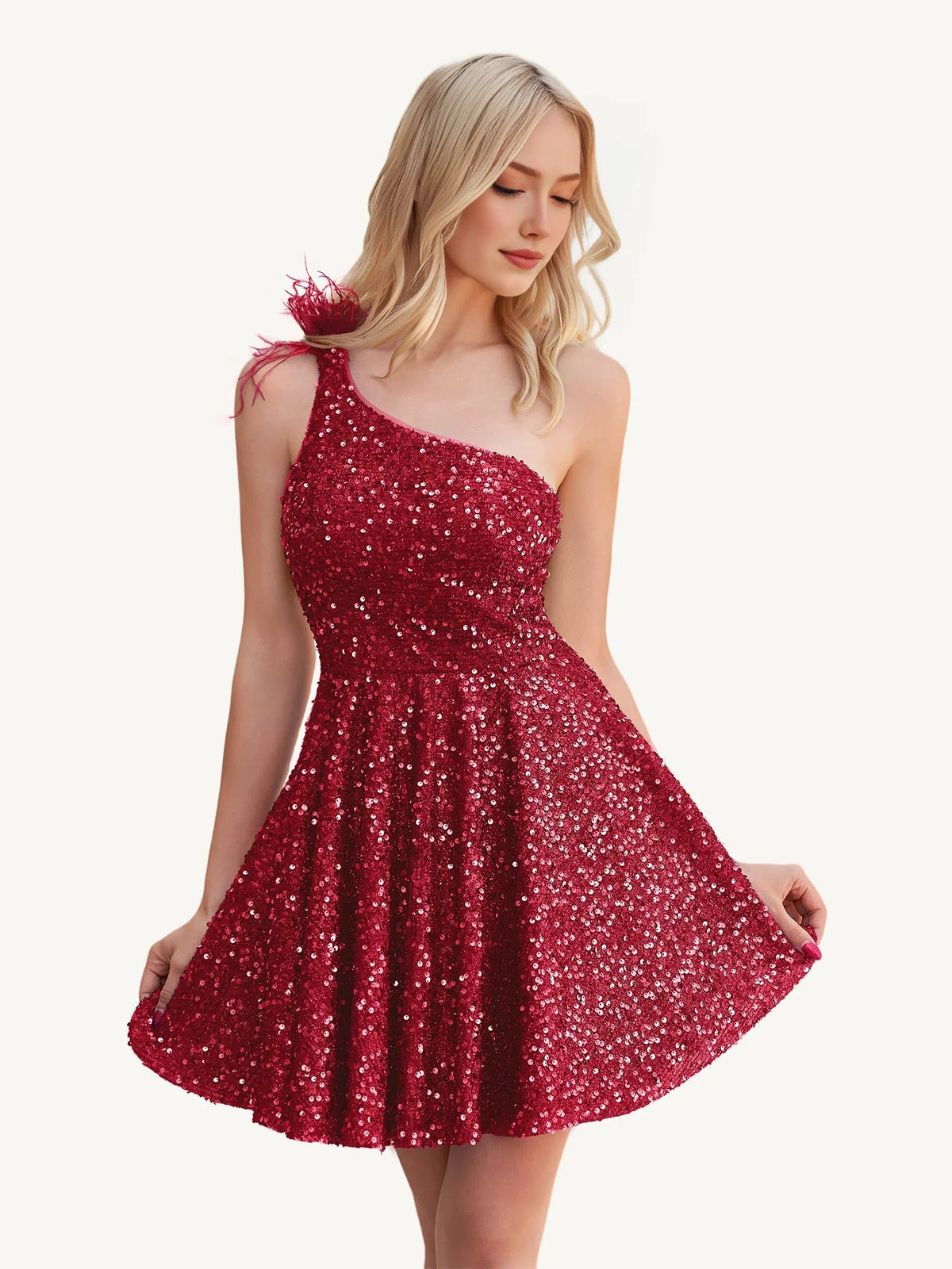 Burgundy sequin one-shoulder A-line mini dress with feathered shoulder detail