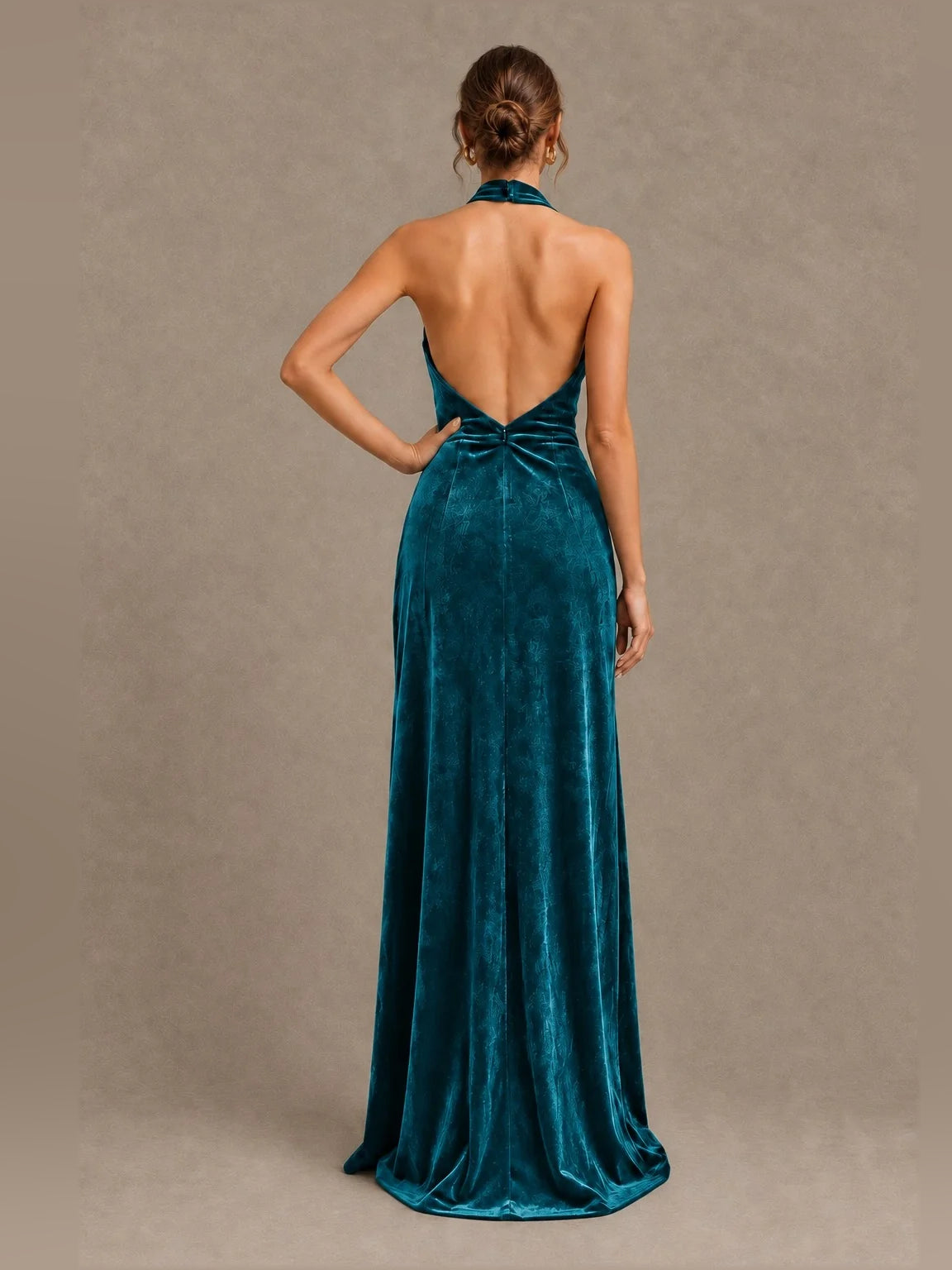 Ruched velvet halter sheath bridesmaid dress in blue teal, open back bow, floor-length