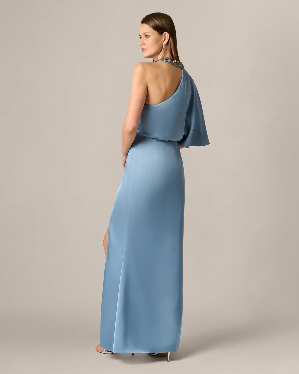 Light blue one-shoulder maxi A-line dress with halter-style back and long skirt