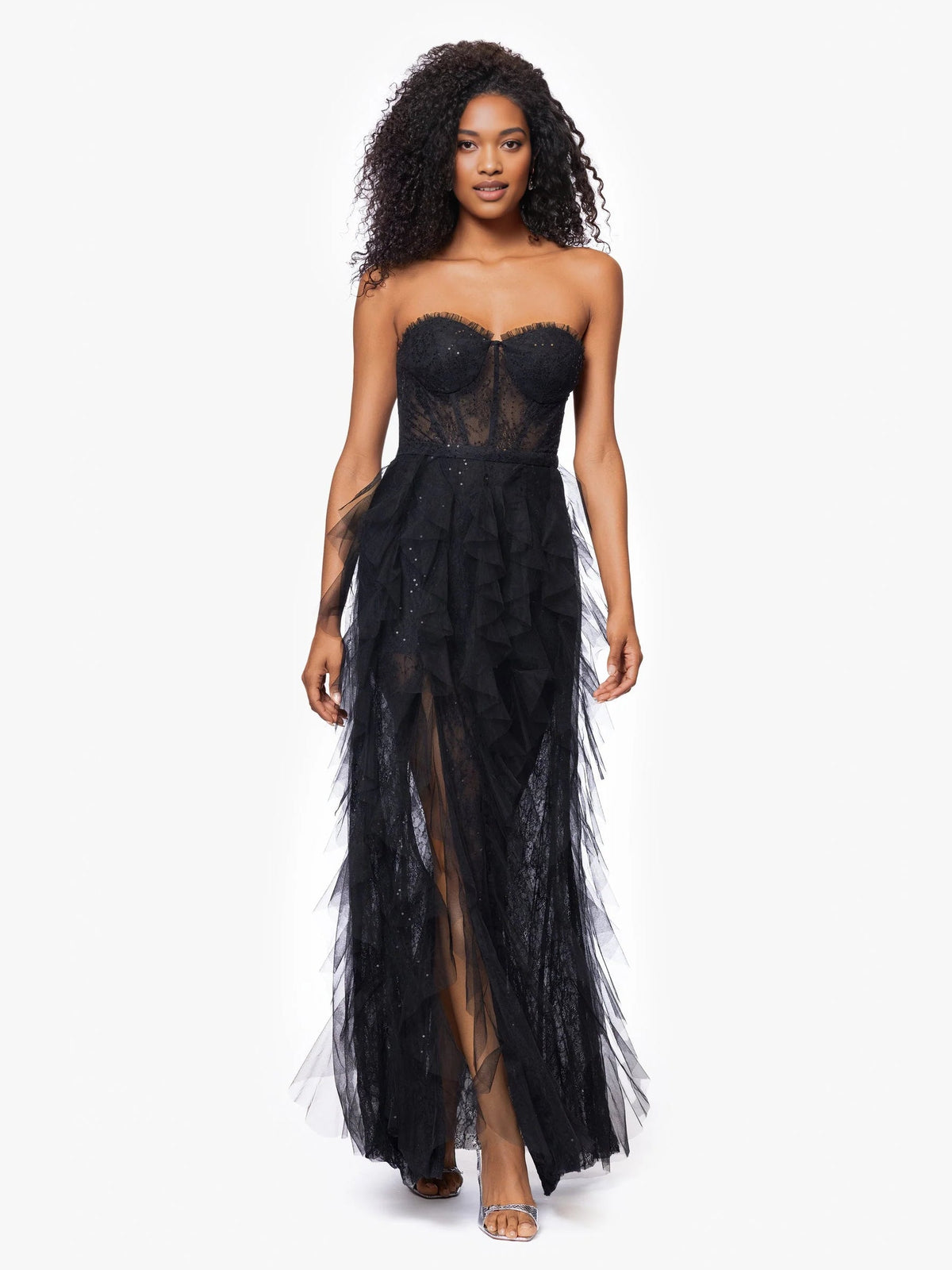 Black strapless corset formal dress with layered tulle and high front slit, full view
