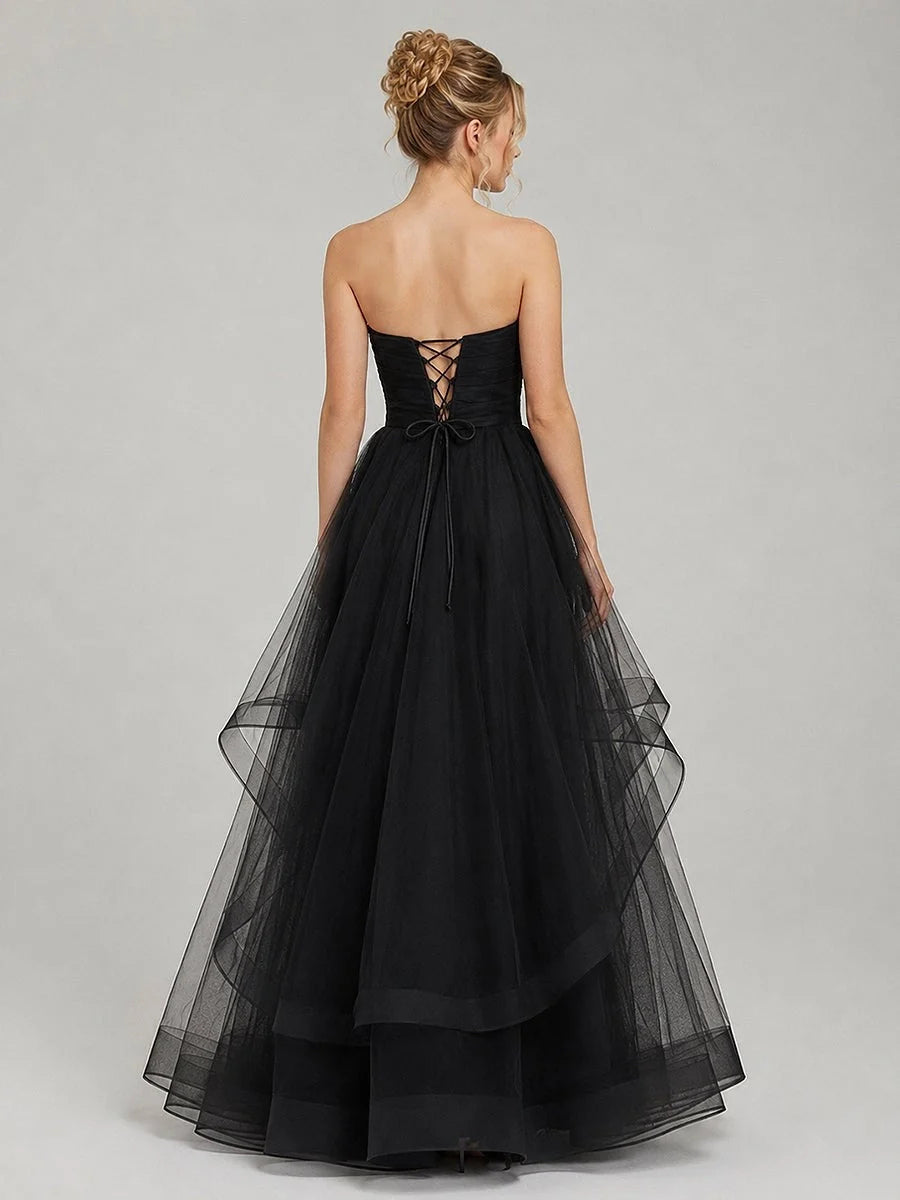 Black strapless tulle ballgown with corset lace-up back and full layered skirt