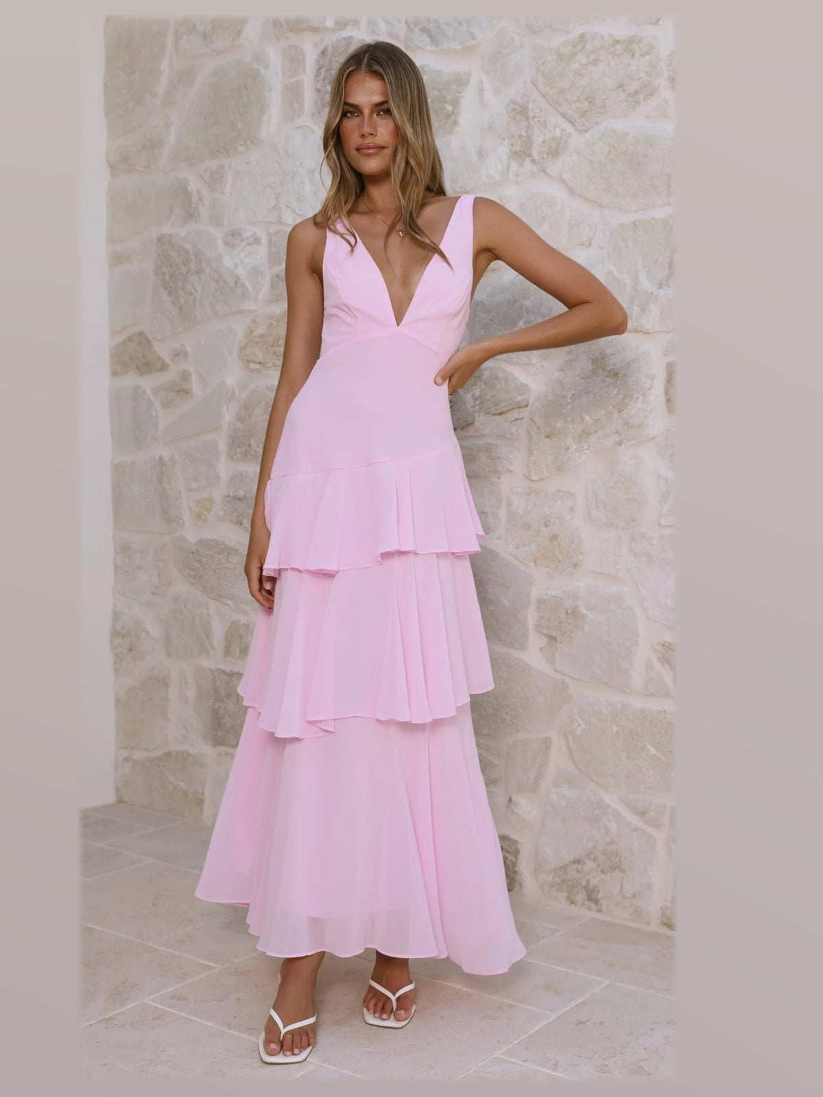 Pink maxi formal dress, alternate full-length view showing the overall shape