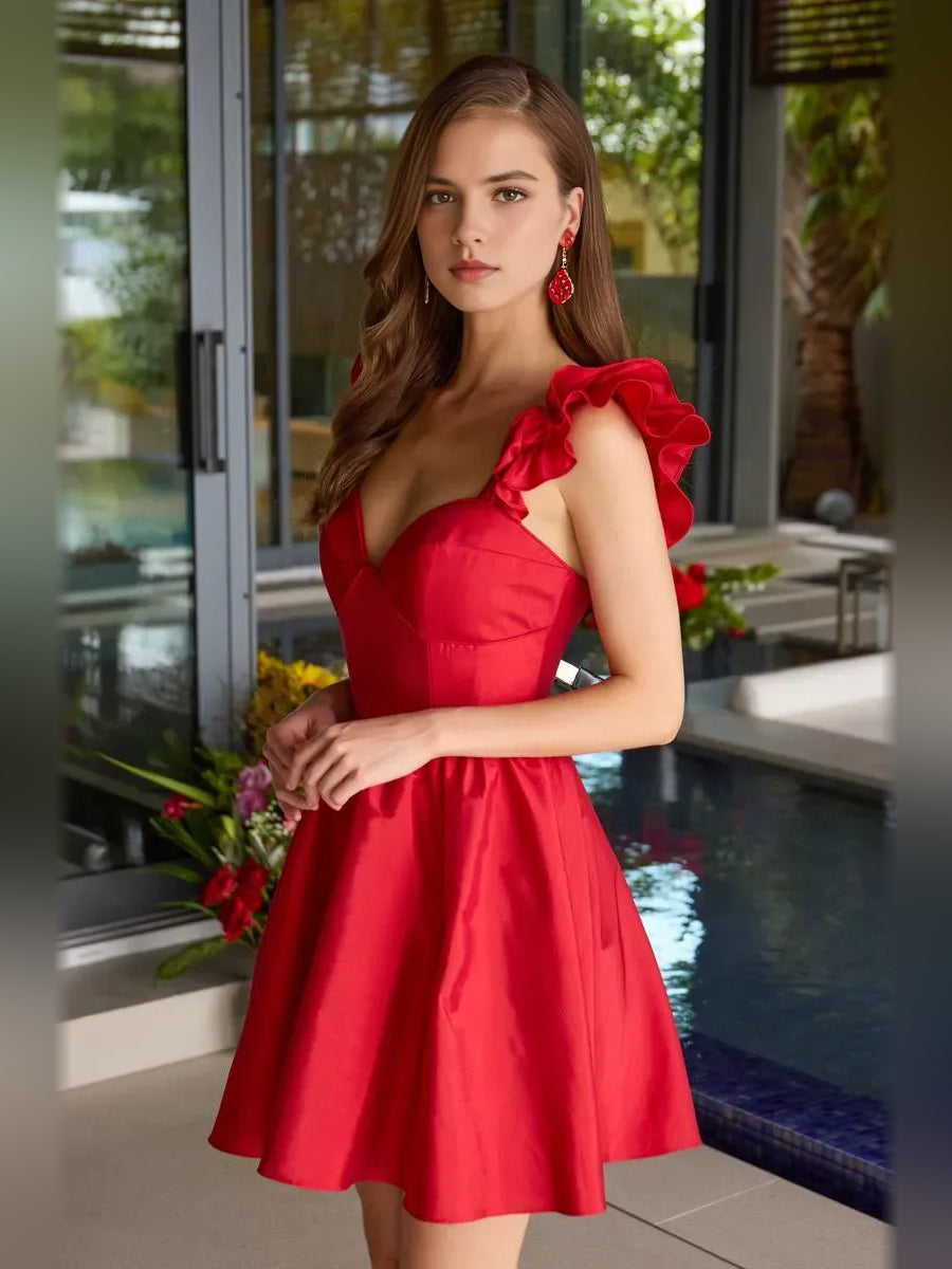 Red satin sweetheart A-line mini dress with ruffled cap sleeves and fitted bodice