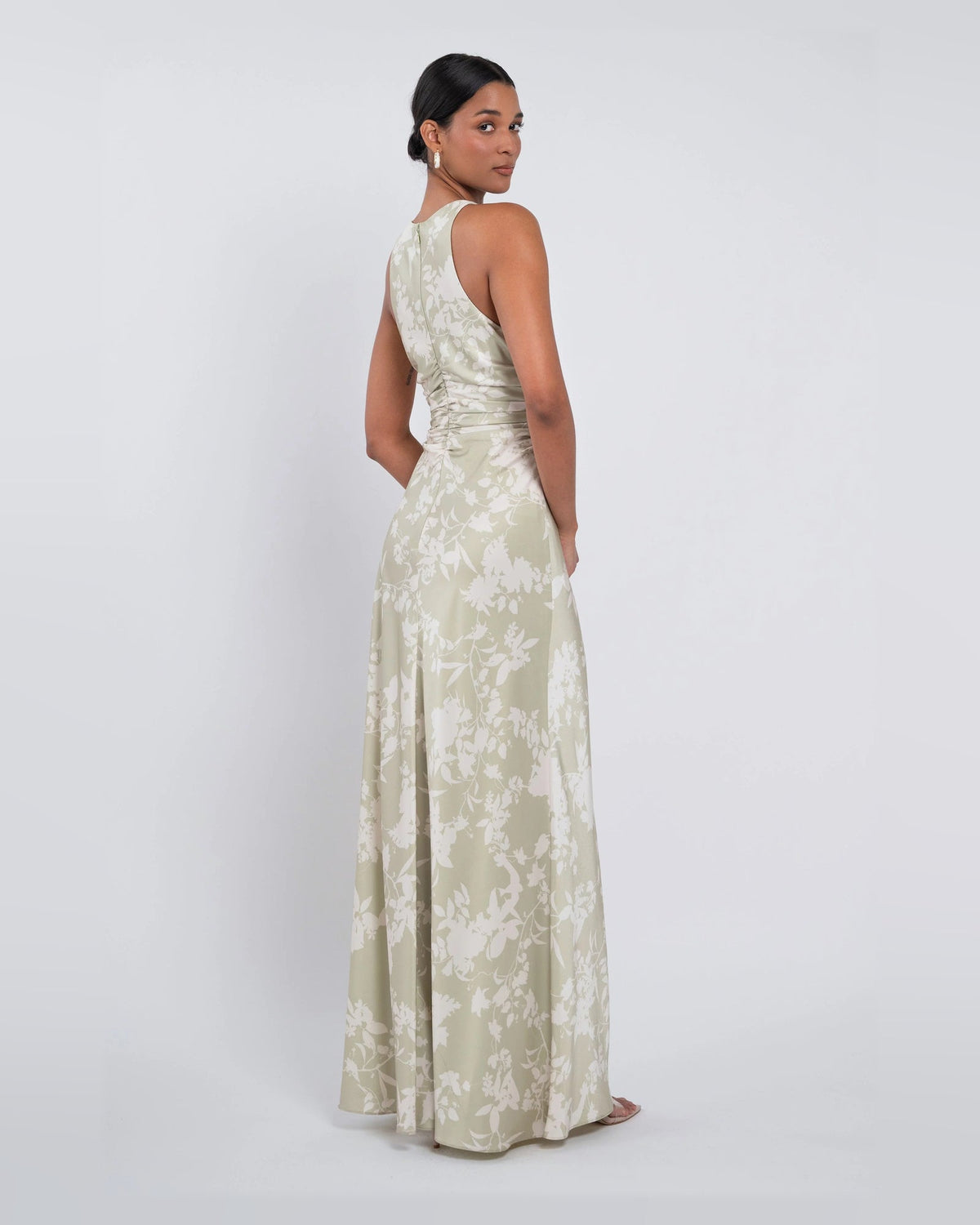 A-line maxi formal dress in light cream with white floral print, sleeveless side view
