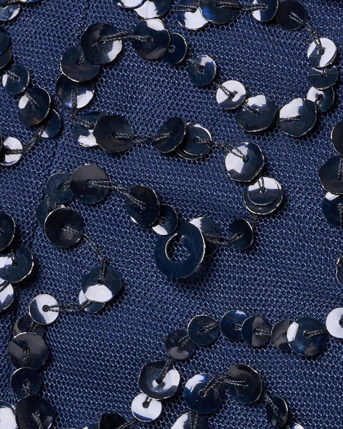 Navy mesh fabric with metallic sequin embellishments and scalloped layers